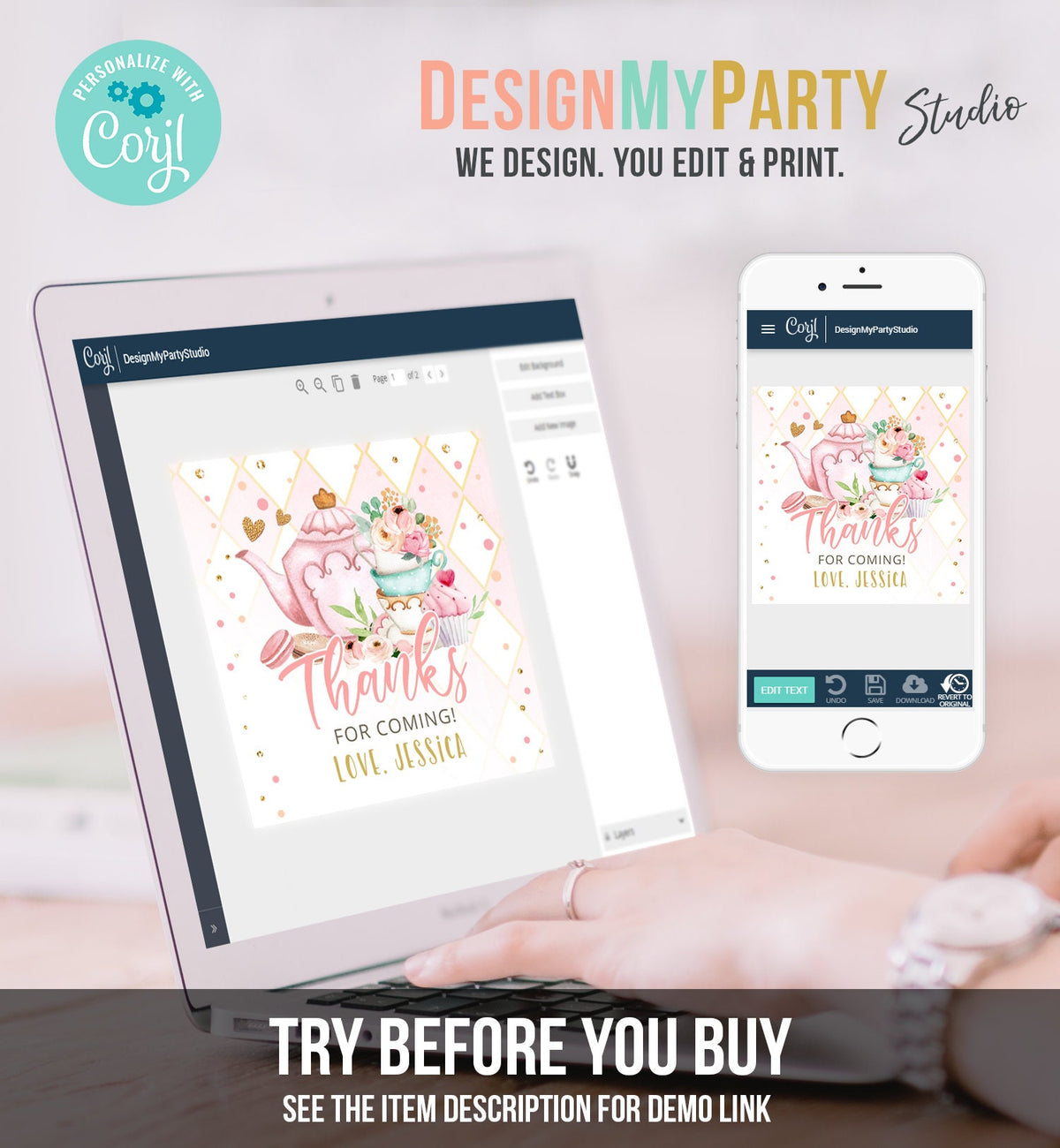 Editable Tea Party Favor Tag Sticker Baby Shower Baby is Brewing Floral Pink Gold Tea for Two Partea Par-tea Template Corjl Printable 0349