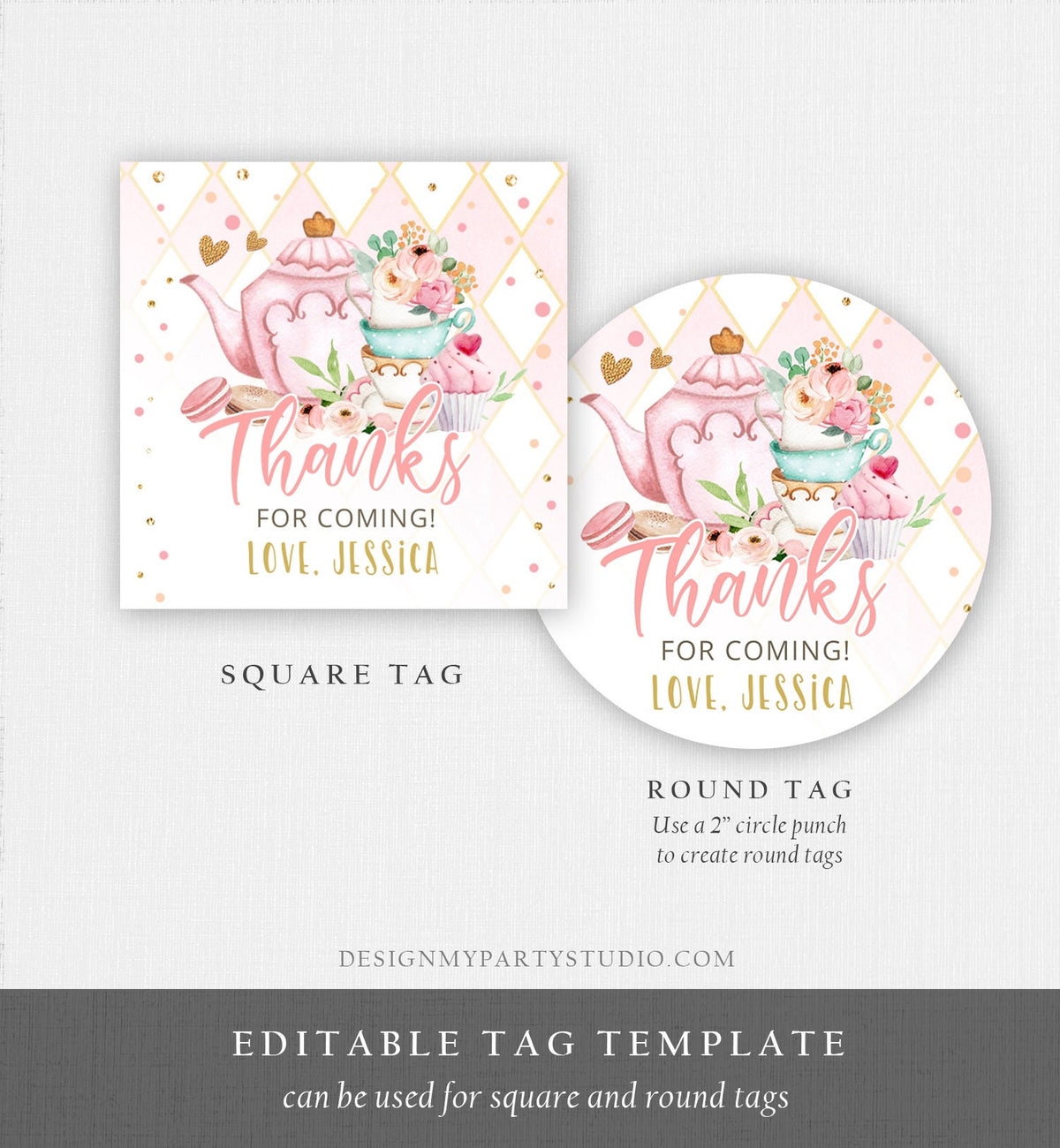 Editable Tea Party Favor Tag Sticker Baby Shower Baby is Brewing Floral Pink Gold Tea for Two Partea Par-tea Template Corjl Printable 0349