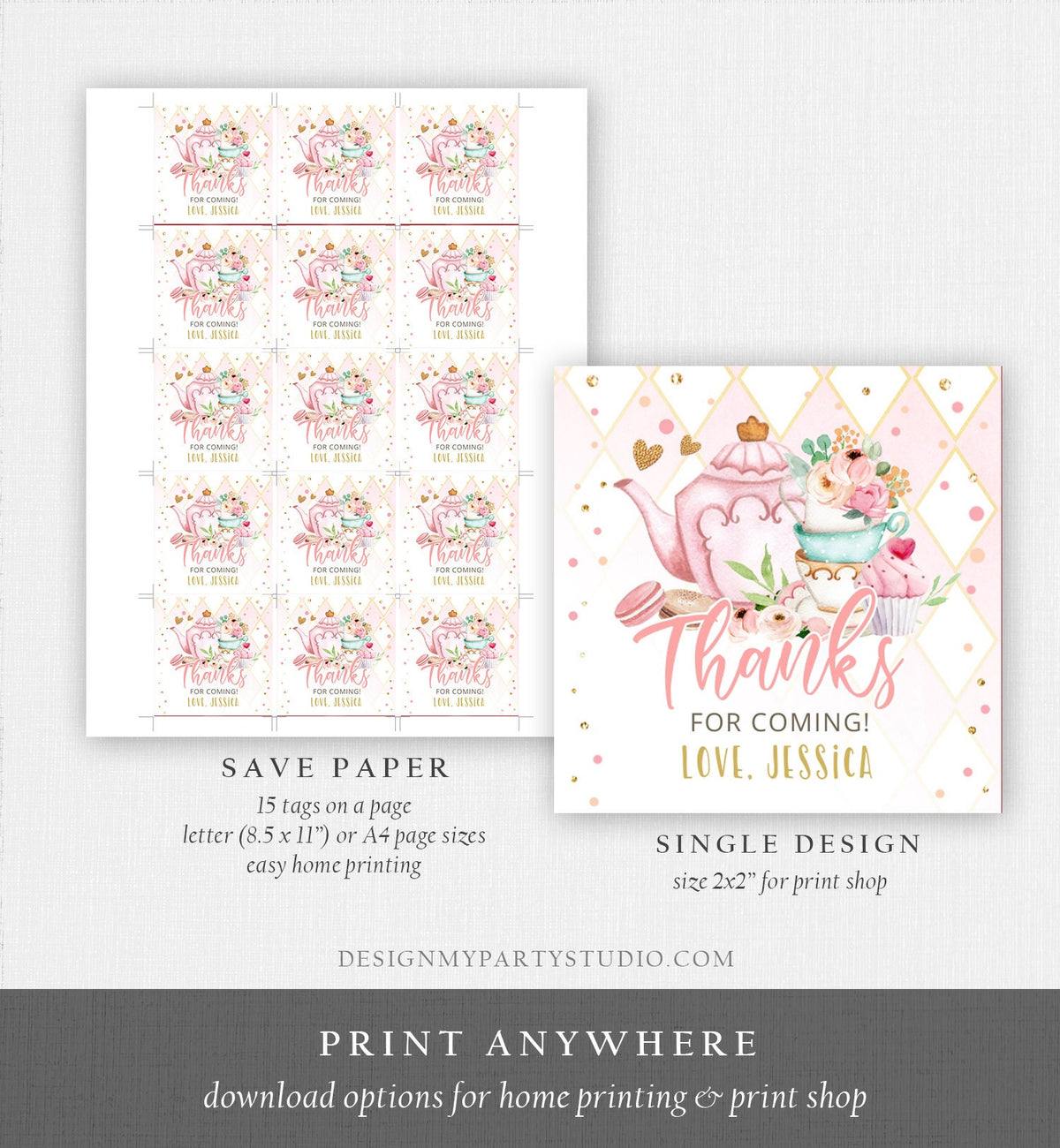 Editable Tea Party Favor Tag Sticker Baby Shower Baby is Brewing Floral Pink Gold Tea for Two Partea Par-tea Template Corjl Printable 0349