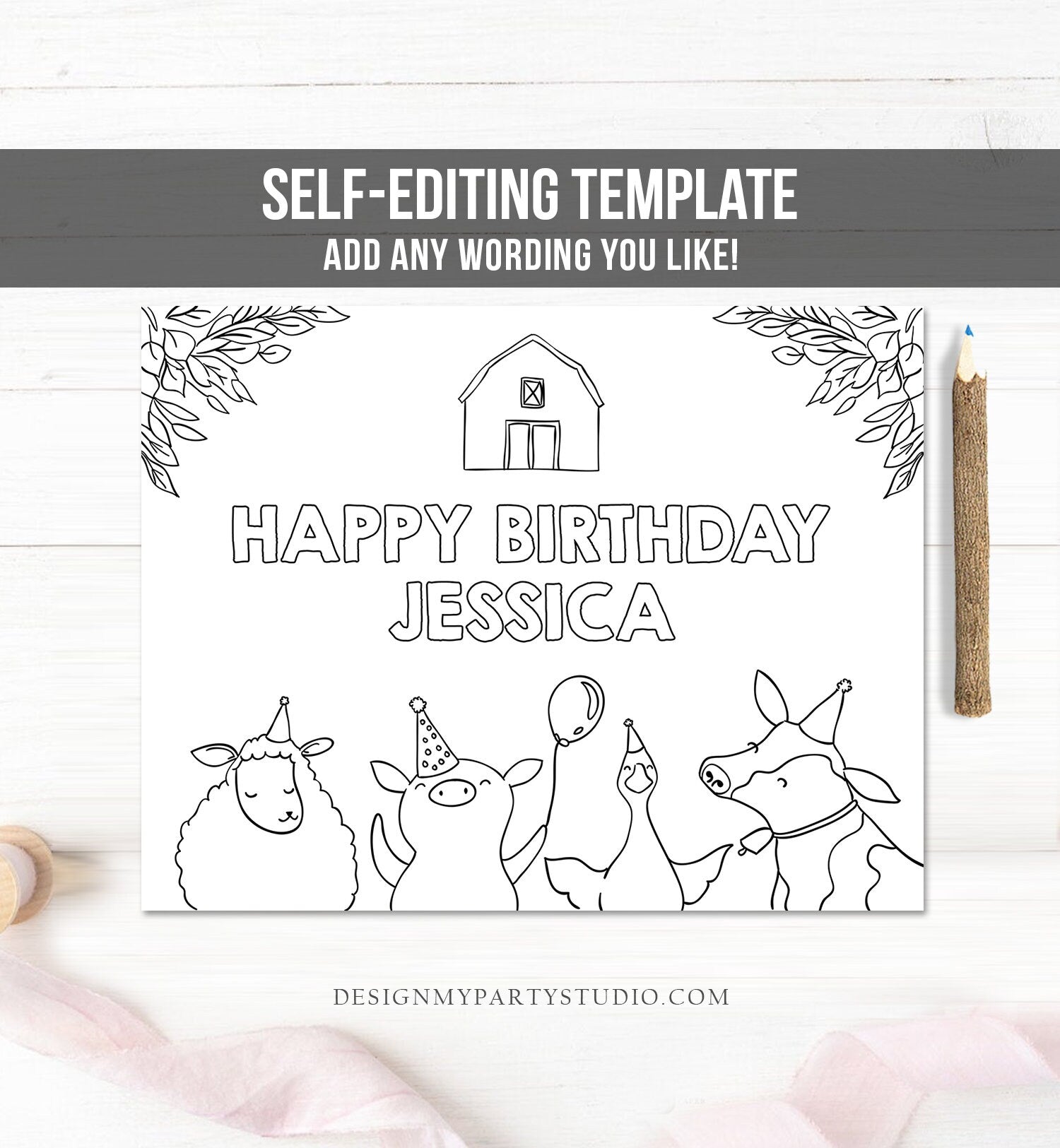 Editable Coloring Page Farm Animals Birthday Party Activity Game Farm Birthday Barnyard Birthday Digital Download PRINTABLE Corjl 0155