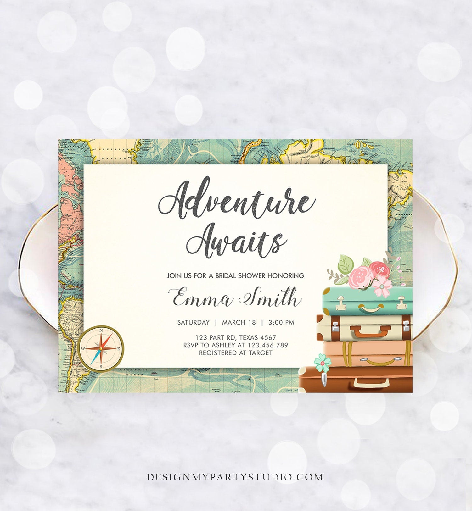 Editable Adventure Awaits Bridal Shower Invitation World Map Suitcase Vintage Adventure Map Pink Floral Template Corjl Printable 0044