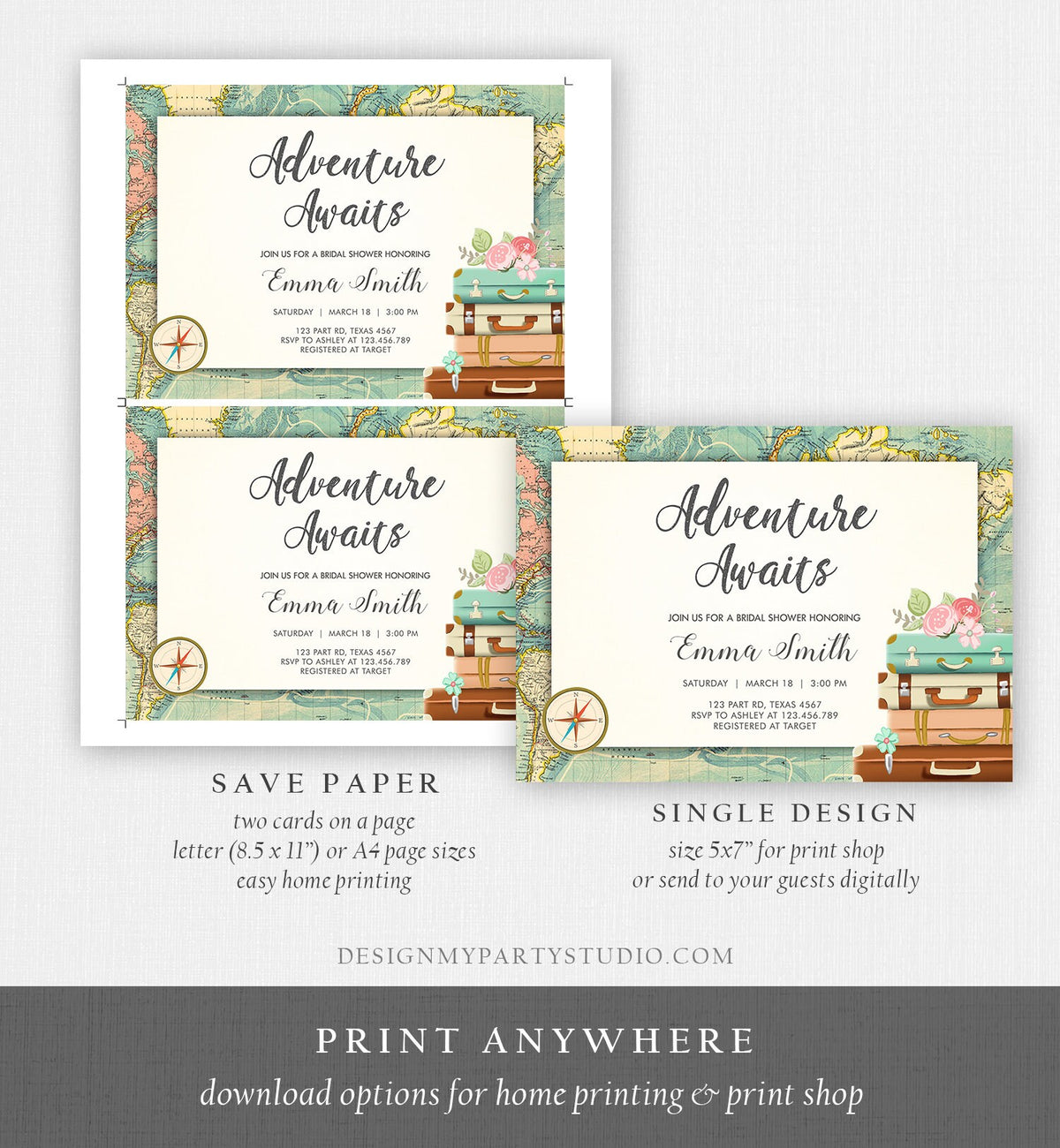 Editable Adventure Awaits Bridal Shower Invitation World Map Suitcase Vintage Adventure Map Pink Floral Template Corjl Printable 0044
