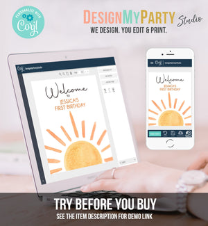 Editable Sunshine Welcome Sign First Trip Around the Sun Birthday Party Boho Gender Neutral Sun Baby Shower Template PRINTABLE Corjl 0431