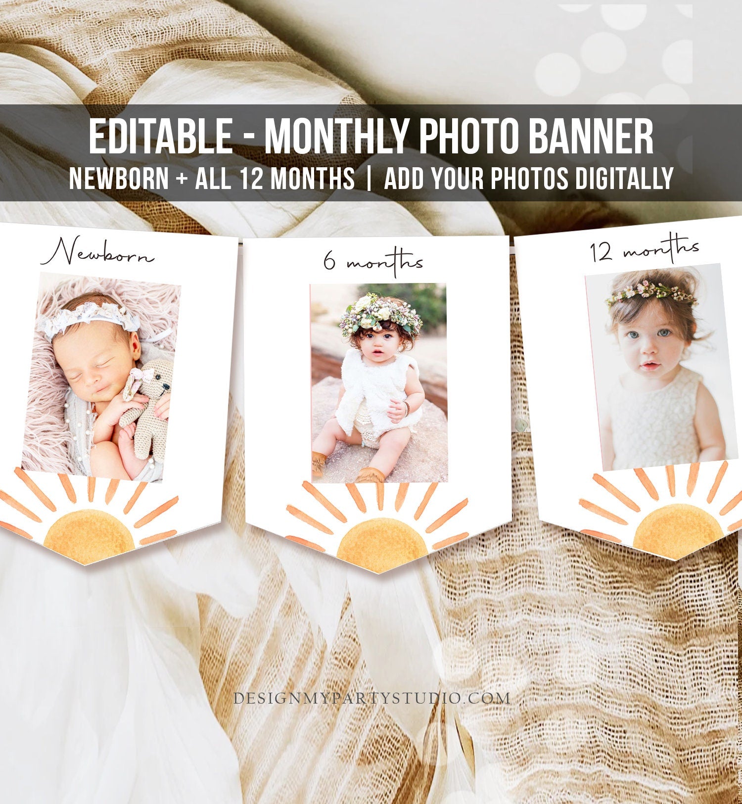 Editable Sun Monthly Photo Banner First Birthday Banner Sunshine 1st First Trip Around The Sun Neutral Decor Corjl Template Printable 0431