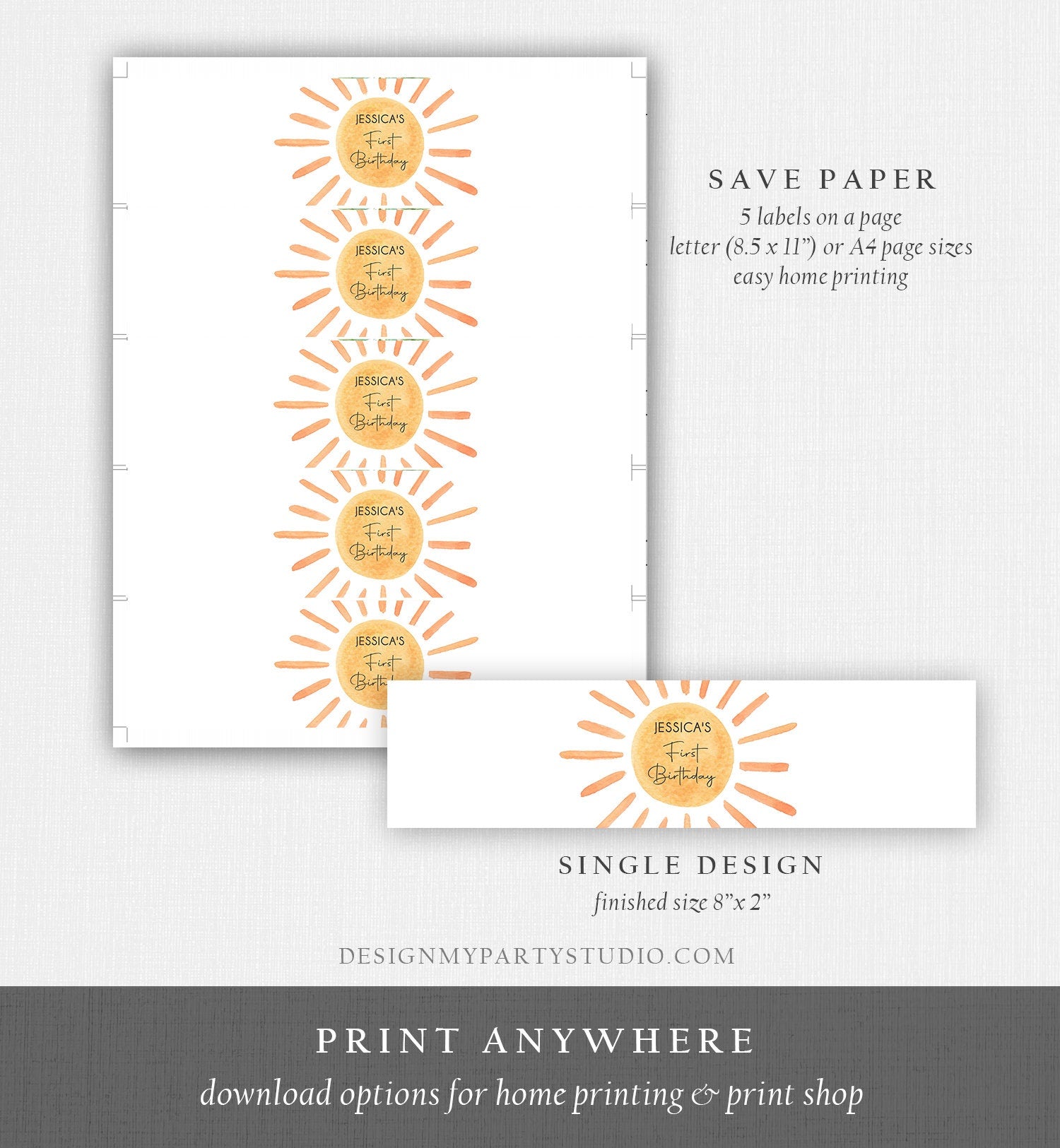 Editable Sunshine Water Bottle Label First Trip Around the Sun Birthday Decor Summer Neutral Sun Bottle Digital Template Printable 0431
