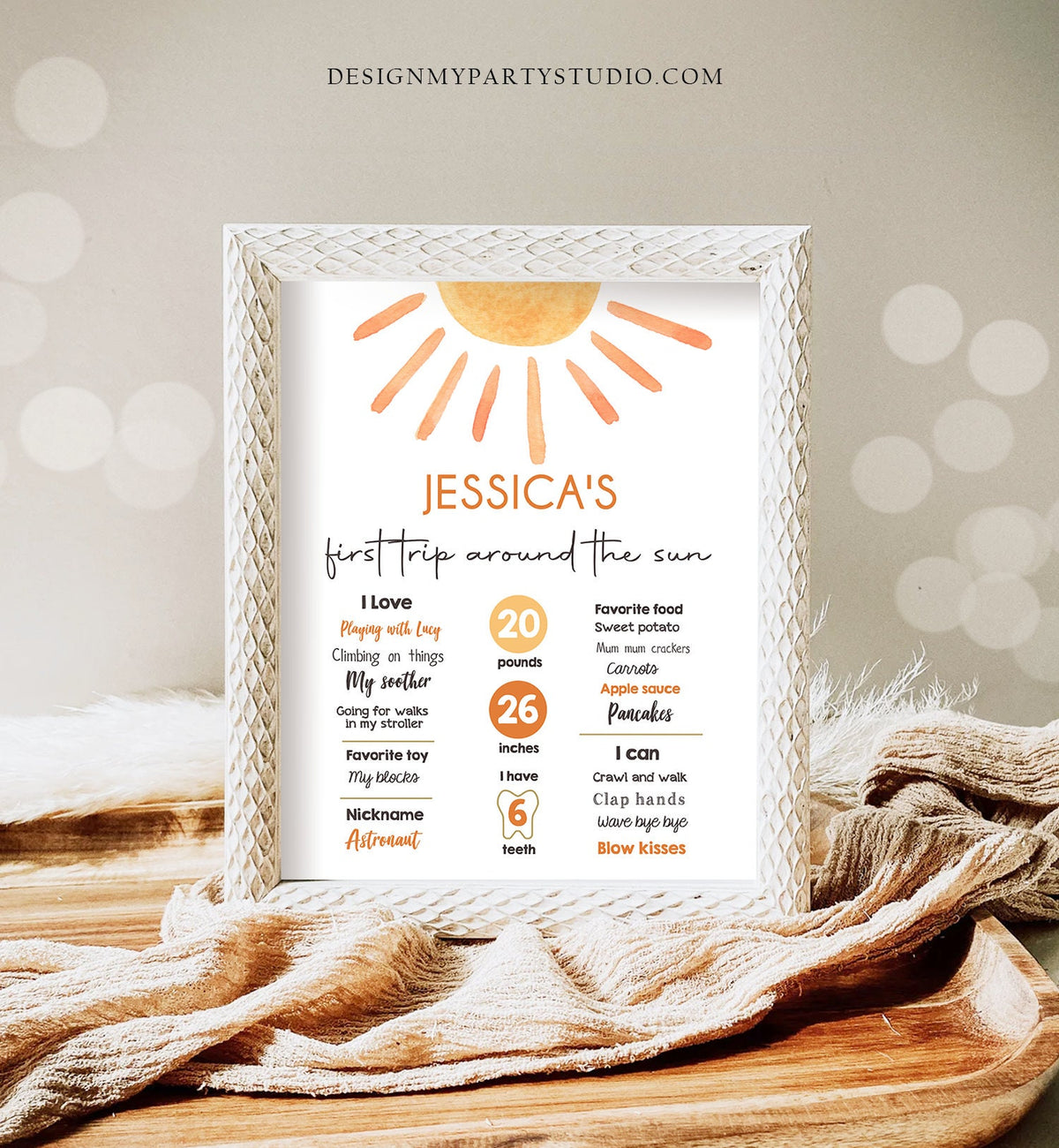 Editable Little Sunshine Birthday Milestones Sign First Birthday 1st Trip Around the Sun Neutral Download Template Printable Corjl 0431