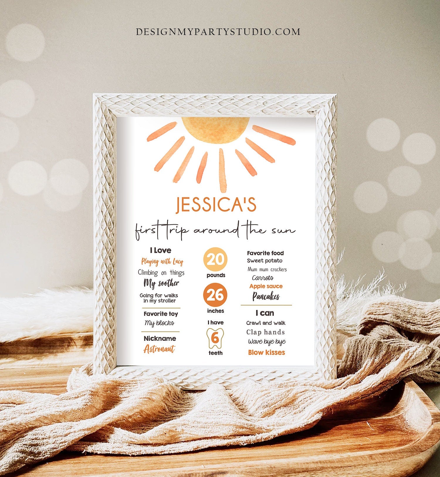 Editable Little Sunshine Birthday Milestones Sign First Birthday 1st Trip Around the Sun Neutral Download Template Printable Corjl 0431