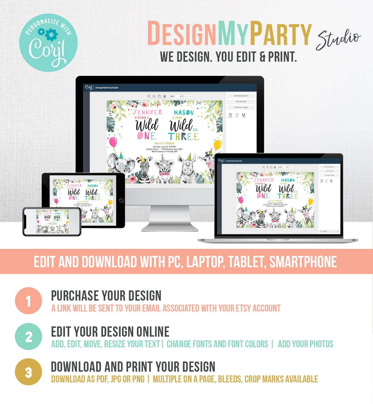 Editable Wild One Young Wild and Three Birthday Invitation Party Animals Boy Girl Joint First Third 1st 3rd Digital Template Printable 0322