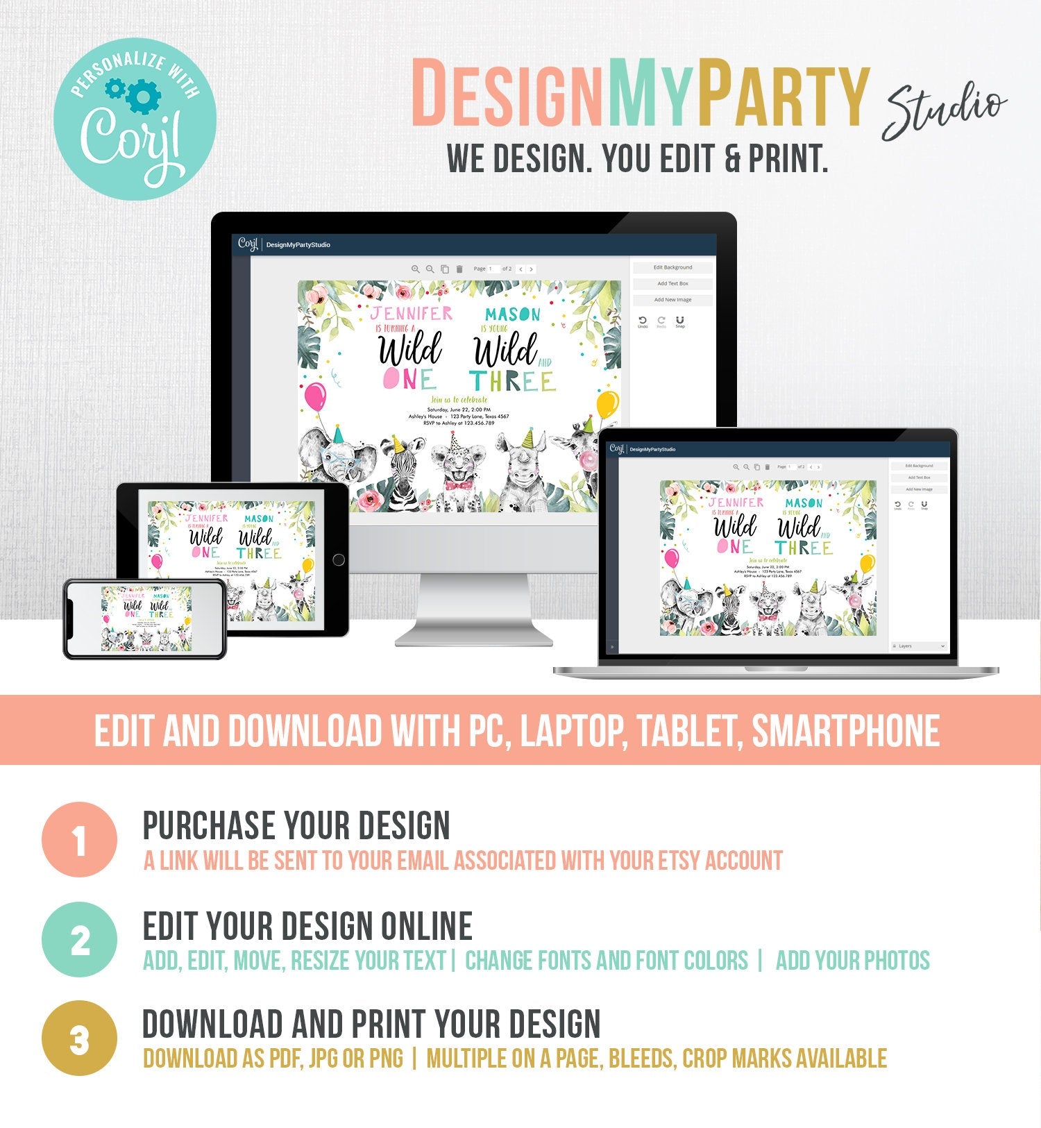 Editable Wild One Young Wild and Three Birthday Invitation Party Animals Boy Girl Joint First Third 1st 3rd Digital Template Printable 0322