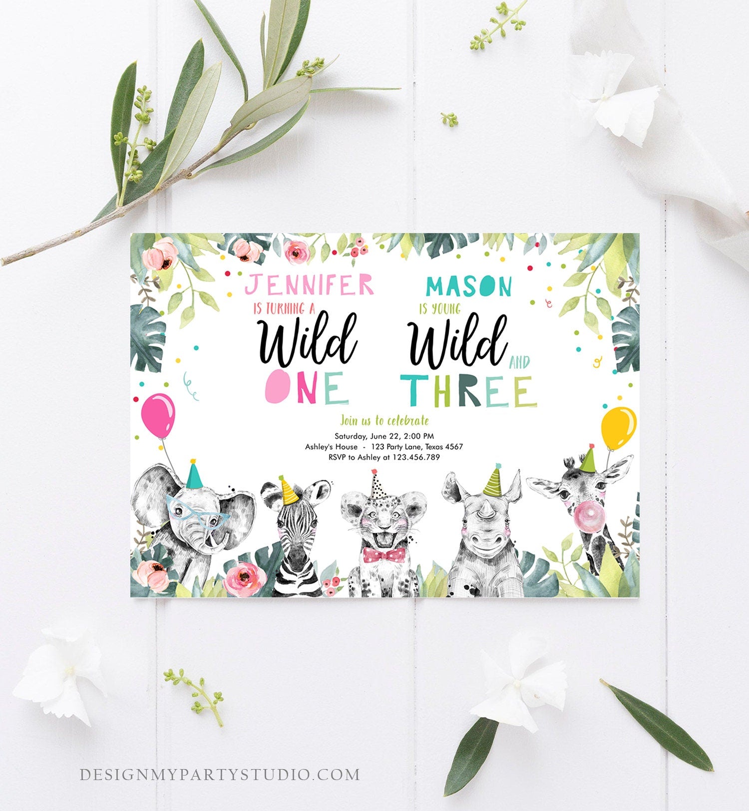 Editable Wild One Young Wild and Three Birthday Invitation Party Animals Boy Girl Joint First Third 1st 3rd Digital Template Printable 0322