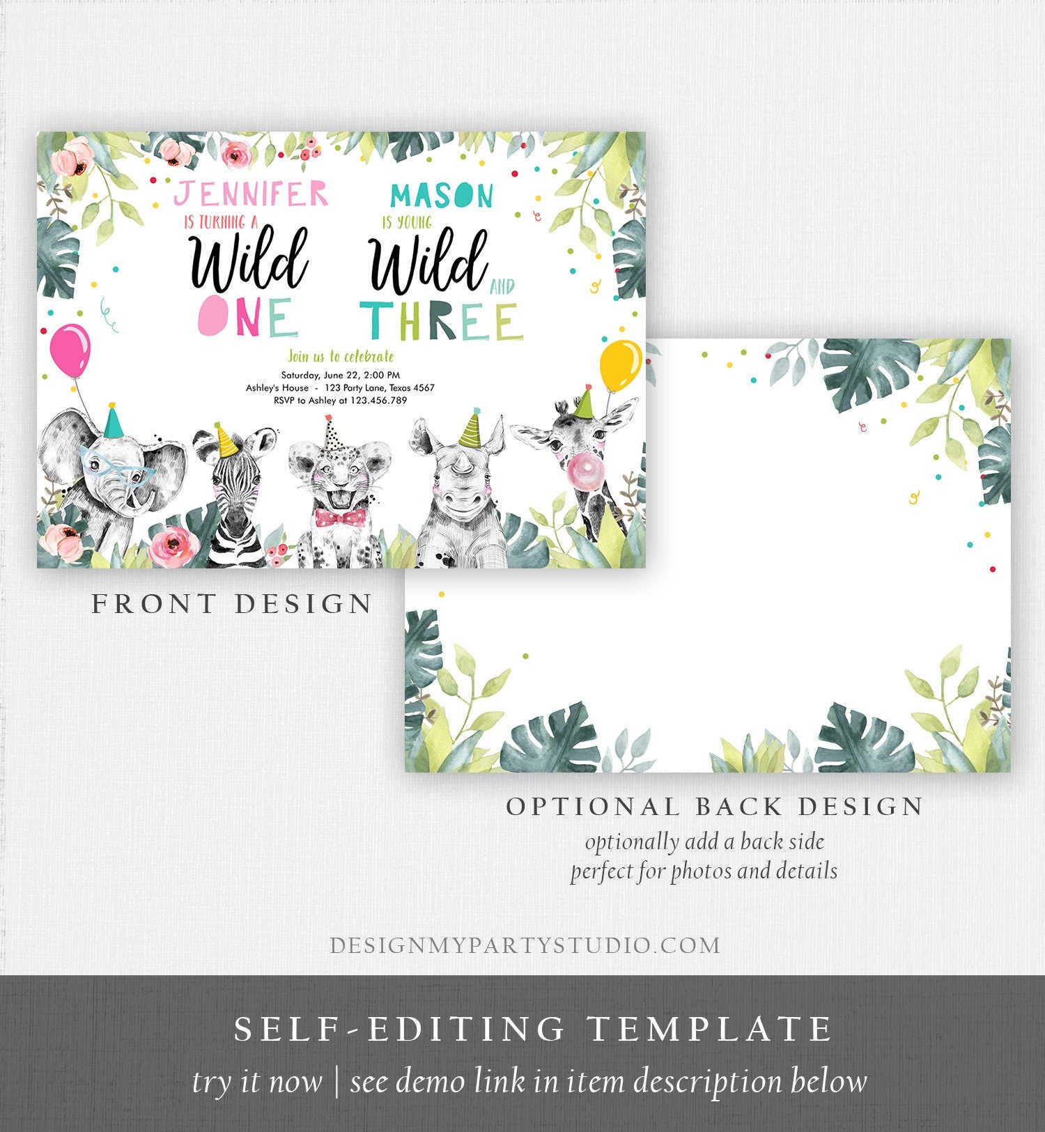 Editable Wild One Young Wild and Three Birthday Invitation Party Animals Boy Girl Joint First Third 1st 3rd Digital Template Printable 0322