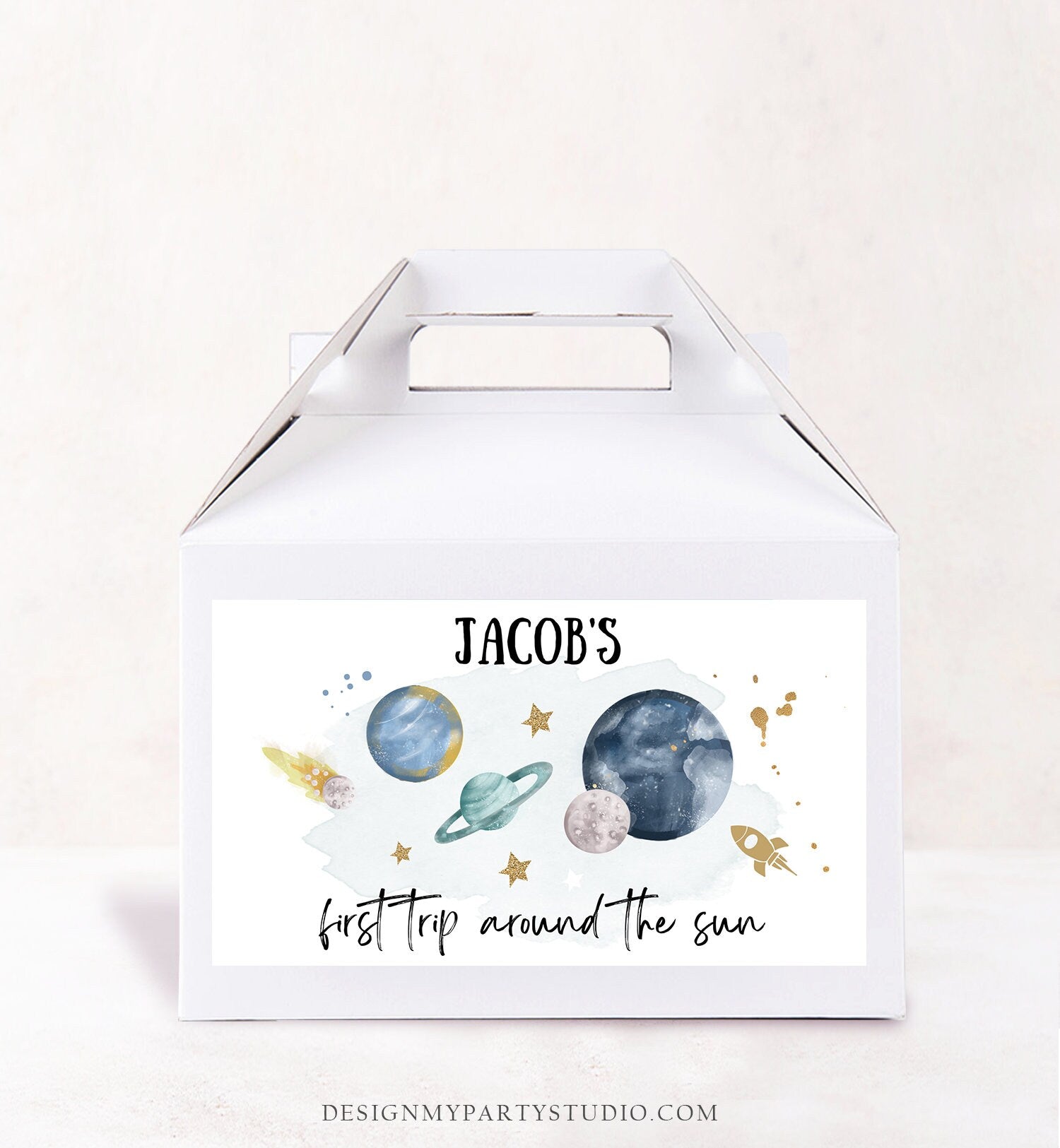 Editable Space Gable Box Label Outer Space Birthday Gift Box Labels First Trip Around the Sun Party Favors Download Printable Corjl 0357