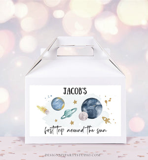 Editable Space Gable Box Label Outer Space Birthday Gift Box Labels First Trip Around the Sun Party Favors Download Printable Corjl 0357