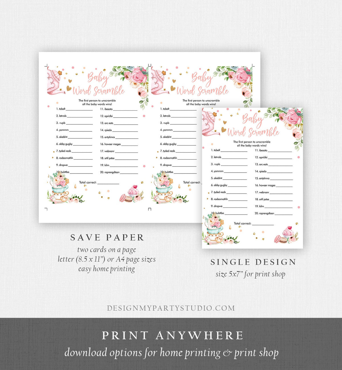 Editable Word Scramble Baby Shower Game Word Search Tea Party Baby is Brewing Game Pink Shower Activity Digital Template Printable 0349