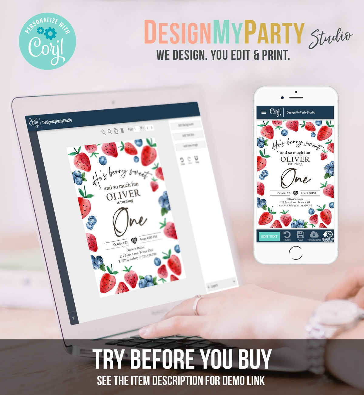 Editable Berry Sweet Birthday Invitation Blueberry Strawberry Picking Party Farmers Market Twin Digital Evite Template Printable 0399