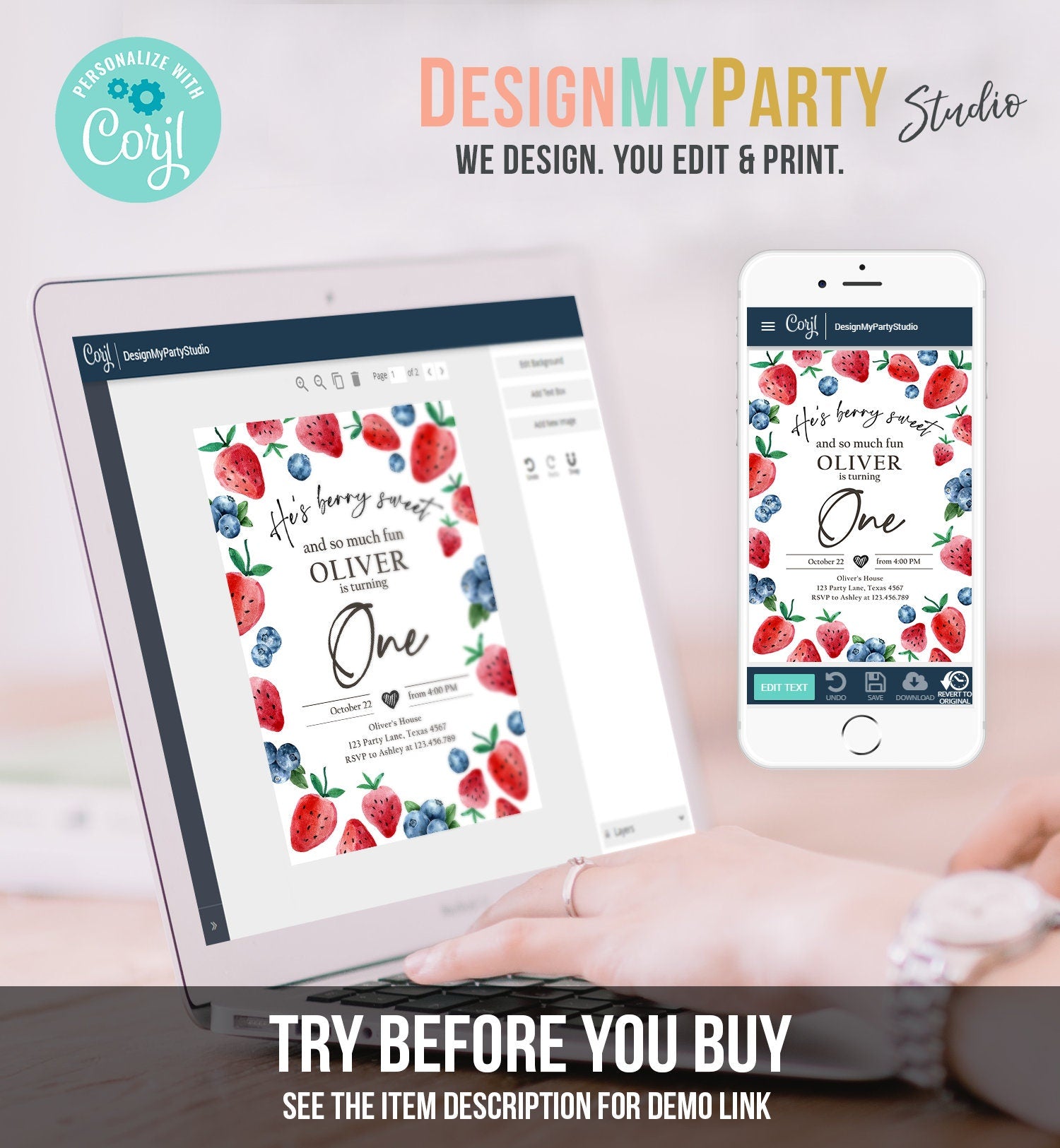 Editable Berry Sweet Birthday Invitation Blueberry Strawberry Picking Party Farmers Market Twin Digital Evite Template Printable 0399