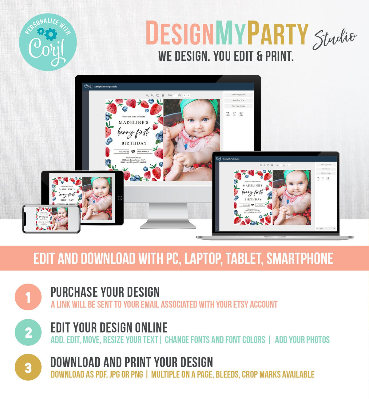 Editable Berry Sweet Birthday Invitation Blueberry Strawberry Picking Party Farmers Market Twin Digital Evite Template Printable 0399