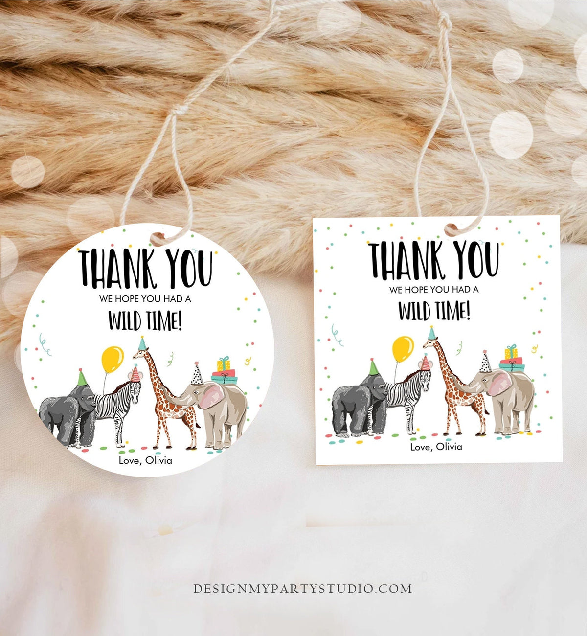 Editable Party Animals Favor tags Wild One Animals Thank you tag Safari Animals Zoo Birthday Wild Time Stickers Zoo Template Corjl 0142
