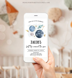 Editable Outer Space First Birthday Evite Galaxy Blast Off First Trip Around the Sun Download Invitation Phone Template Digital Corjl 0357
