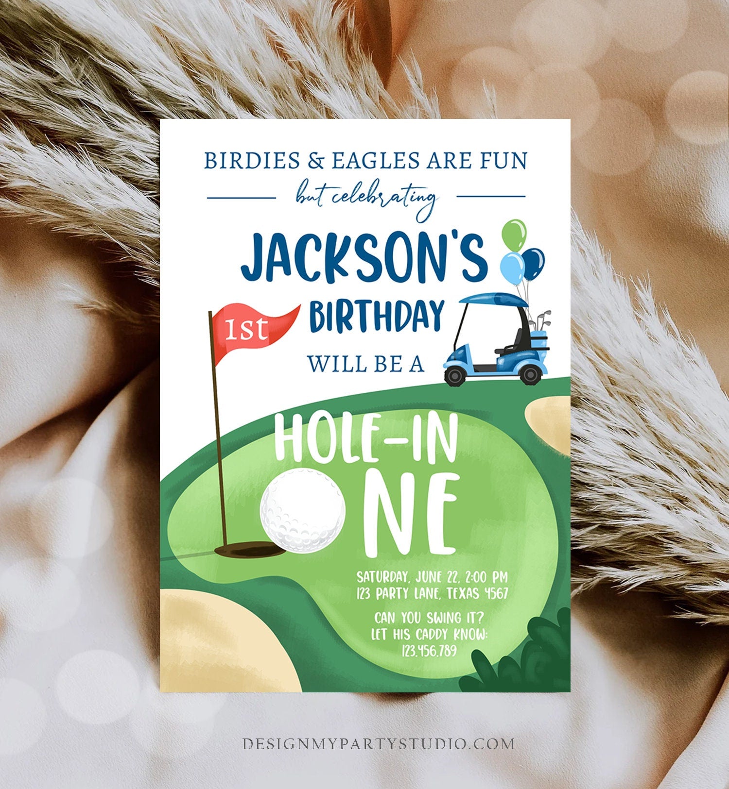 Editable Hole in One Birthday Invitation Golf First Birthday Par-tee Golf Invite Boy Golfing Download Printable Template Digital Corjl 0405