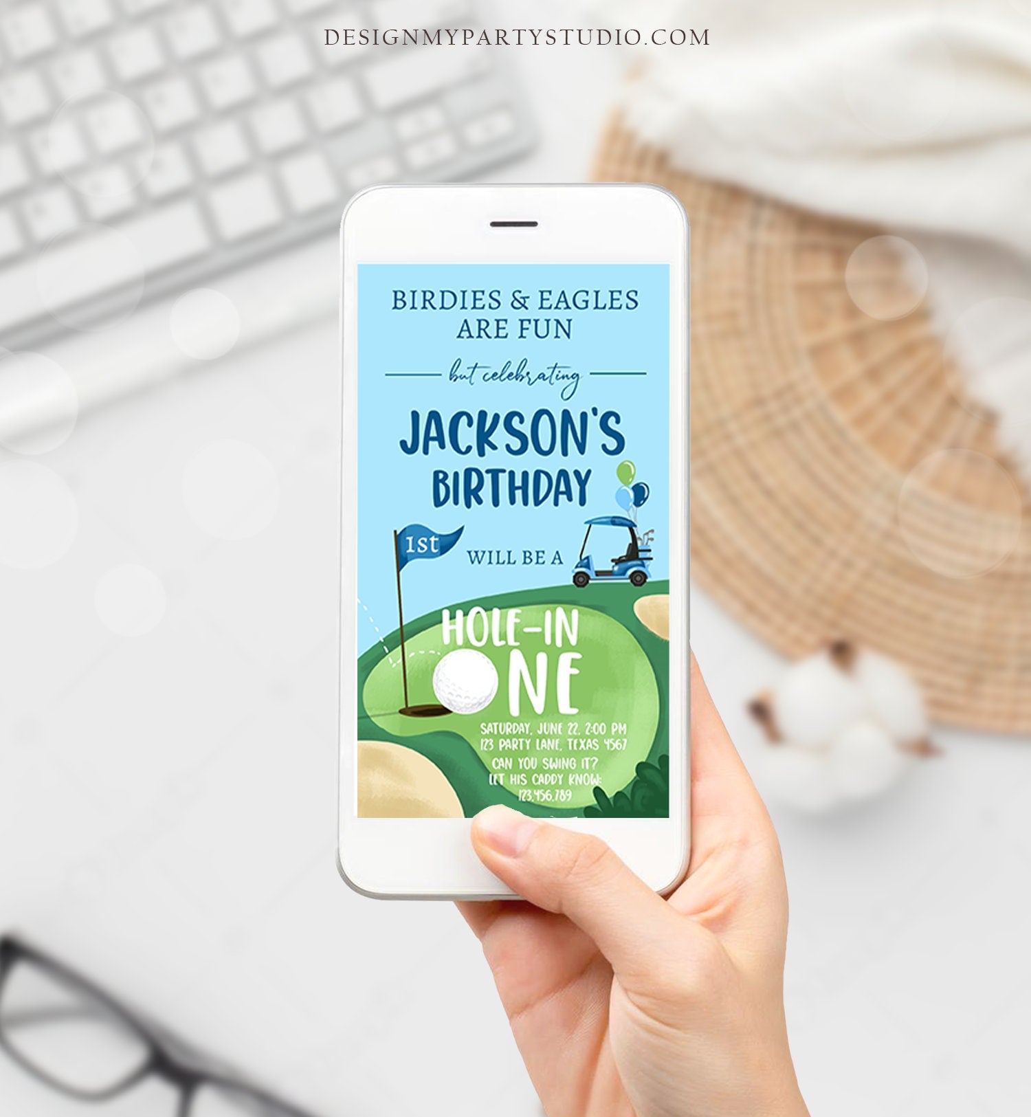 Editable Hole in One Birthday Evite Golf First Birthday Par-tee Golf Invite Boy Golf Download Electronic Phone Template Digital Corjl 0405