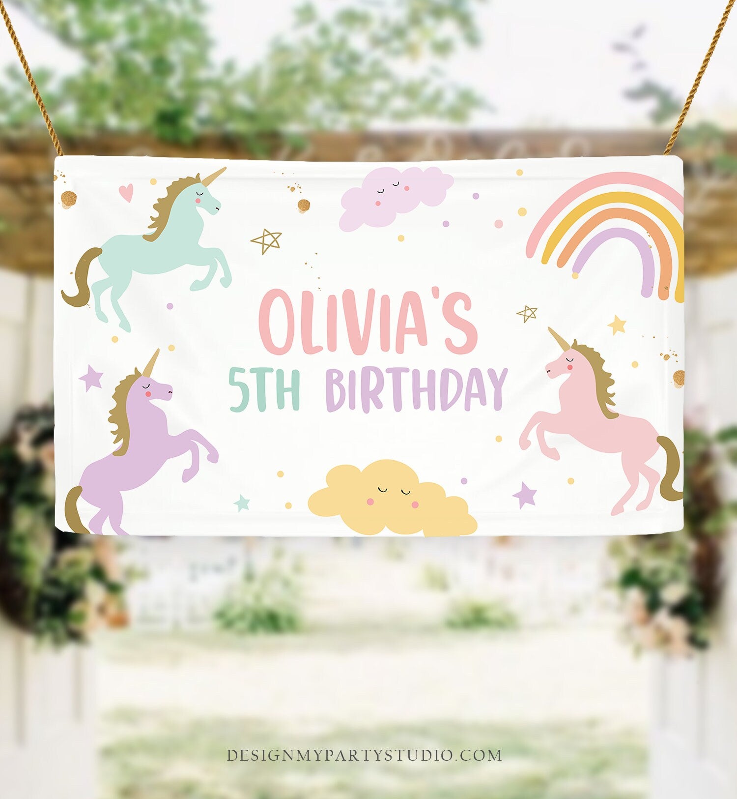 Editable Unicorn Backdrop Banner Pastel Unicorn Birthday Girl Magical Party Decor Rainbow Welcome Download Corjl Template Printable 0426