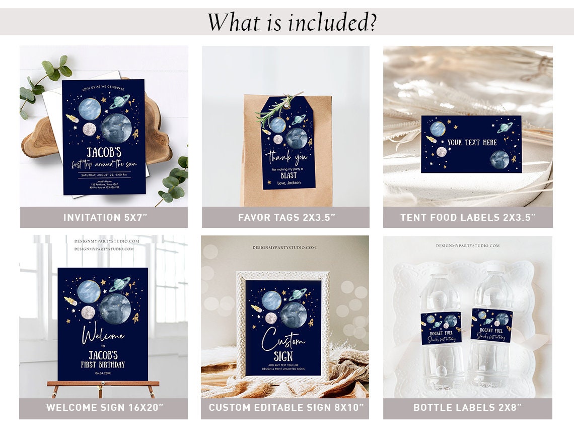 Space Birthday Invitation Bundle Space Party 1st Birthday First Trip Around the Sun Galaxy Boy Astronaut Digital Template Printable 0357
