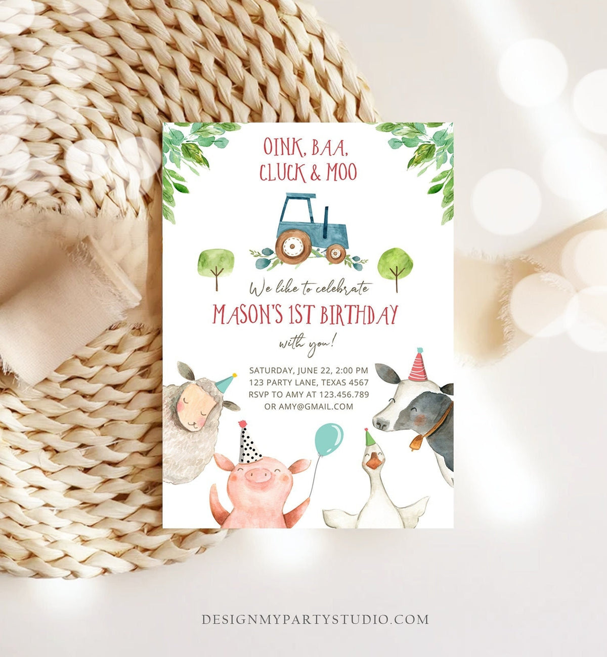 Editable Farm Animals Birthday Invitation Boy Fist 1st Party Animals Blue Tractor Barnyard Barn Digital Evite Template Printable 0155