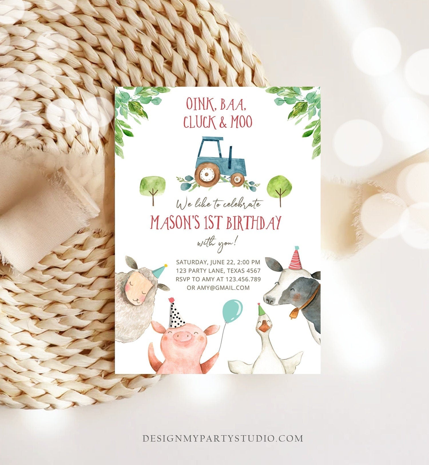 Editable Farm Animals Birthday Invitation Boy Fist 1st Party Animals Blue Tractor Barnyard Barn Digital Evite Template Printable 0155