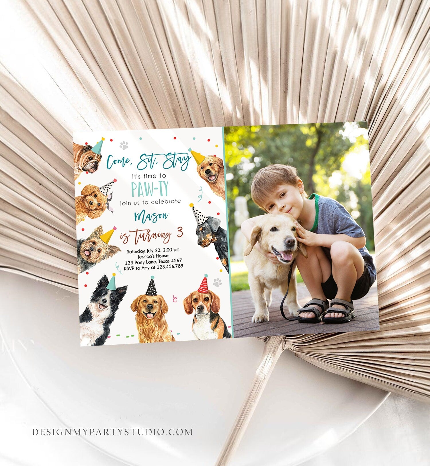 Editable Dog Birthday Party Invitation Puppy Birthday Invite Boys Blue Doggy Shelter Animal Pet Vet Download Printable Template Corjl 0384
