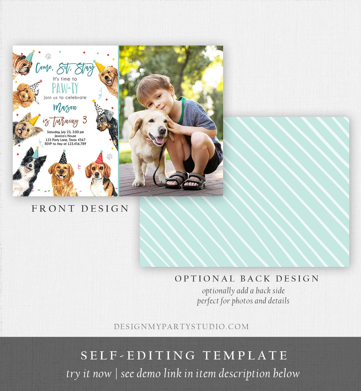 Editable Dog Birthday Party Invitation Puppy Birthday Invite Boys Blue Doggy Shelter Animal Pet Vet Digital Download Template Printable 0384