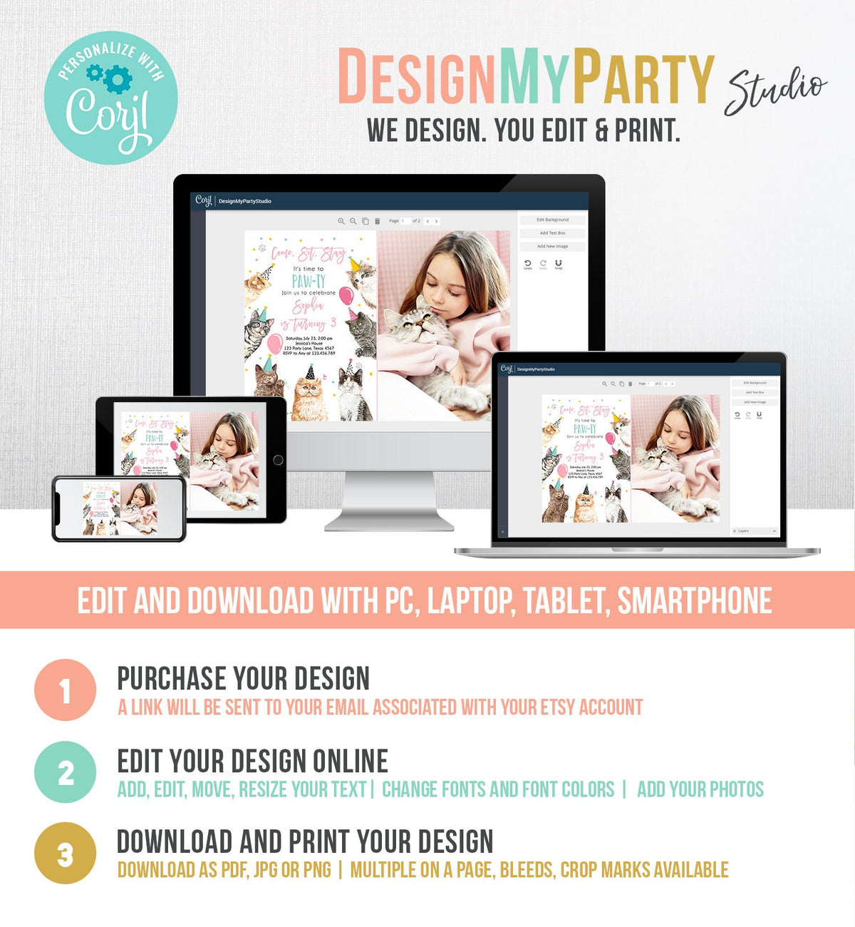 Editable Cat Birthday Party Invitation Kitten Birthday Invite Pink Girl Kitty Cat Invitation Pet Cute Download Printable Template Evite 0384