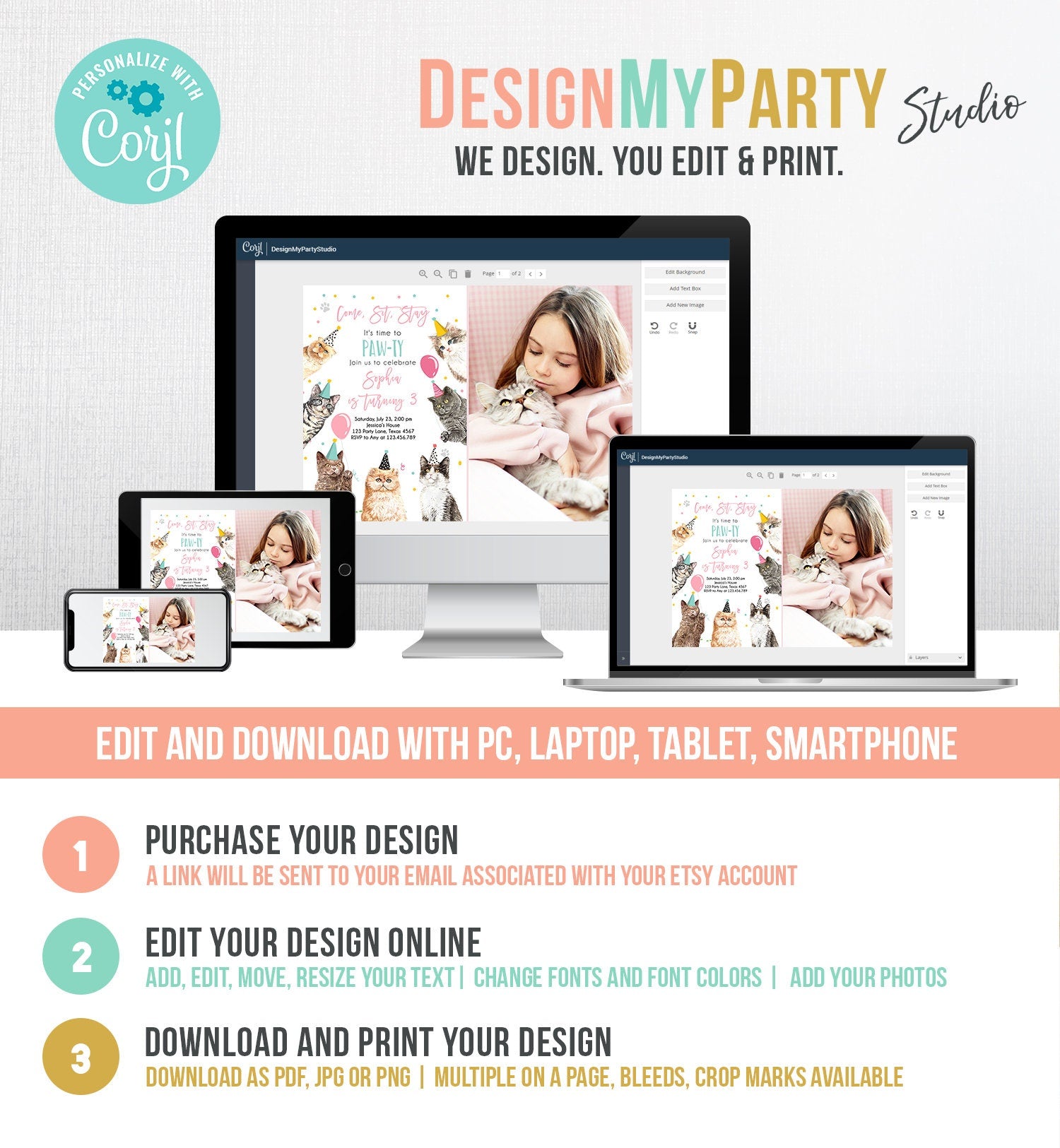 Editable Cat Birthday Party Invitation Kitten Birthday Invite Pink Girl Kitty Cat Invitation Pet Cute Download Printable Template Evite 0384