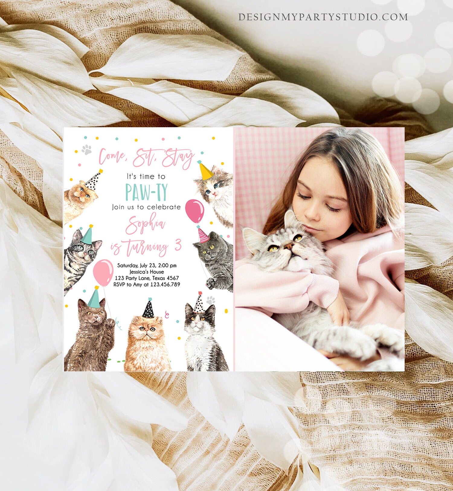Editable Cat Birthday Party Invitation Kitten Birthday Invite Pink Girl Kitty Cat Invitation Pet Cute Download Printable Template Evite 0384