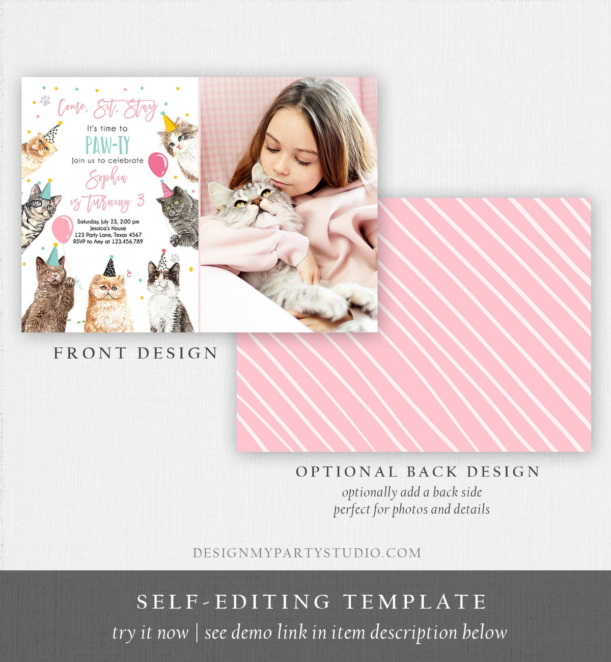 Editable Cat Birthday Party Invitation Kitten Birthday Invite Pink Girl Kitty Cat Invitation Pet Cute Download Printable Template Evite 0384