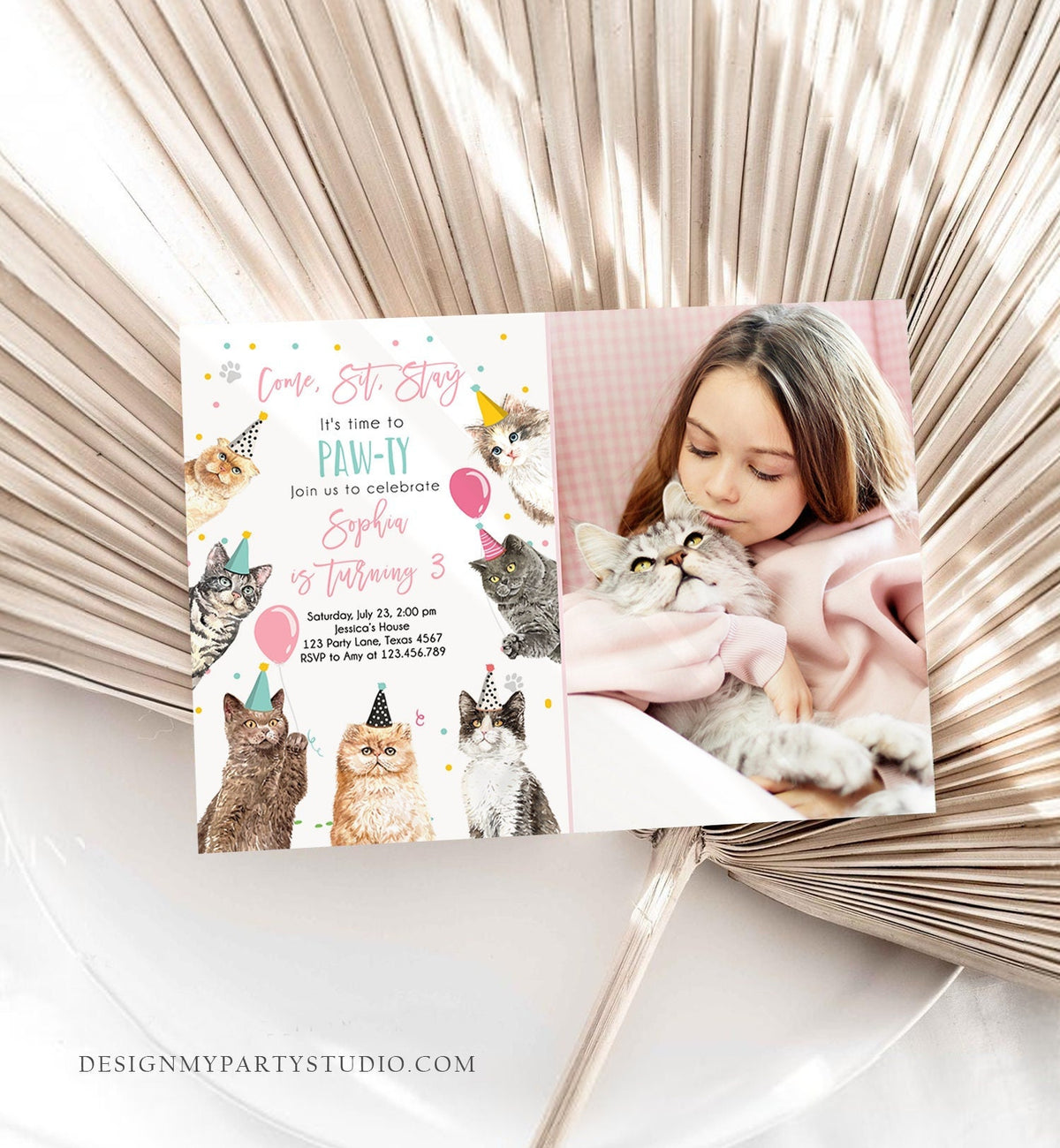 Editable Cat Birthday Party Invitation Kitten Birthday Invite Pink Girl Kitty Cat Invitation Pet Cute Download Printable Template Evite 0384