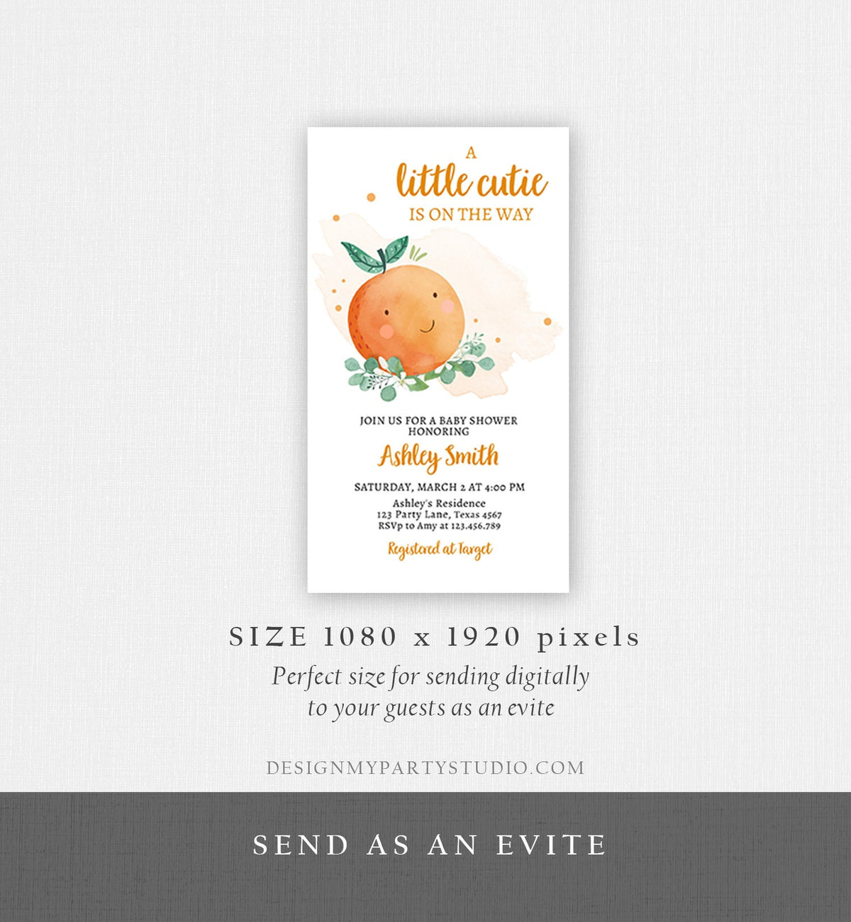 Editable Little Cutie Baby Shower Evite Little Cutie On The Way Clementine Orange Unisex Digital Download Electronic Invite Template 0430
