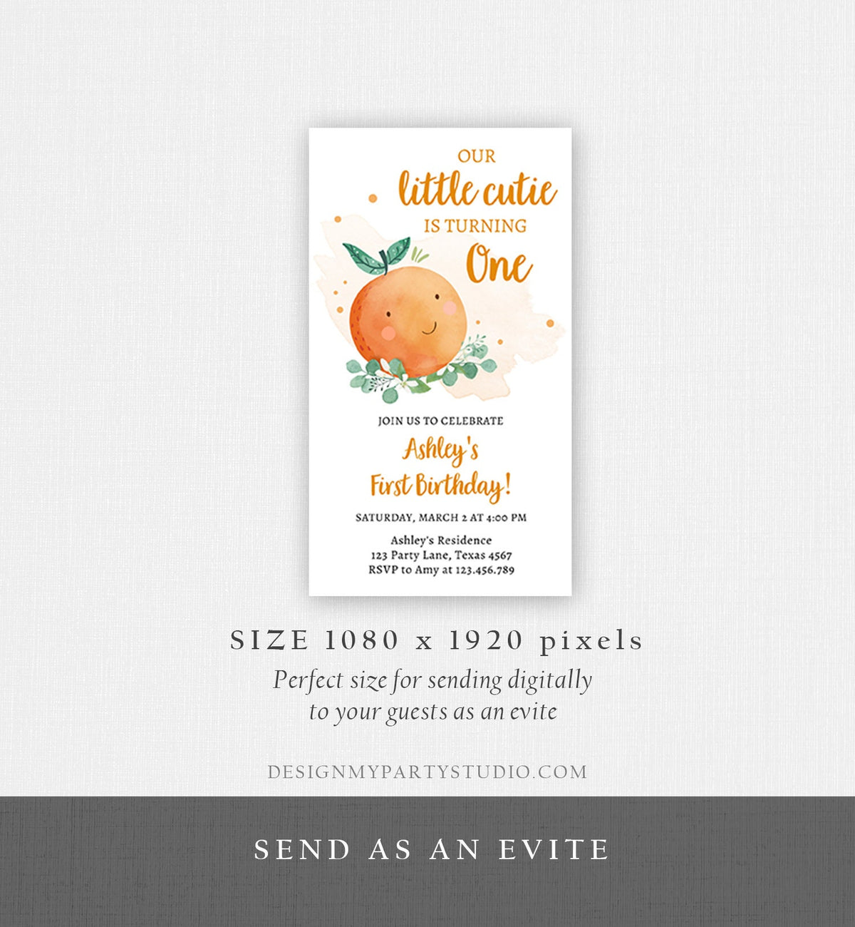 Editable Little Cutie Birthday Evite Clementine Oranges Party Unisex Orange Invitation Citrus Download Phone Electronic Corjl Template 0430