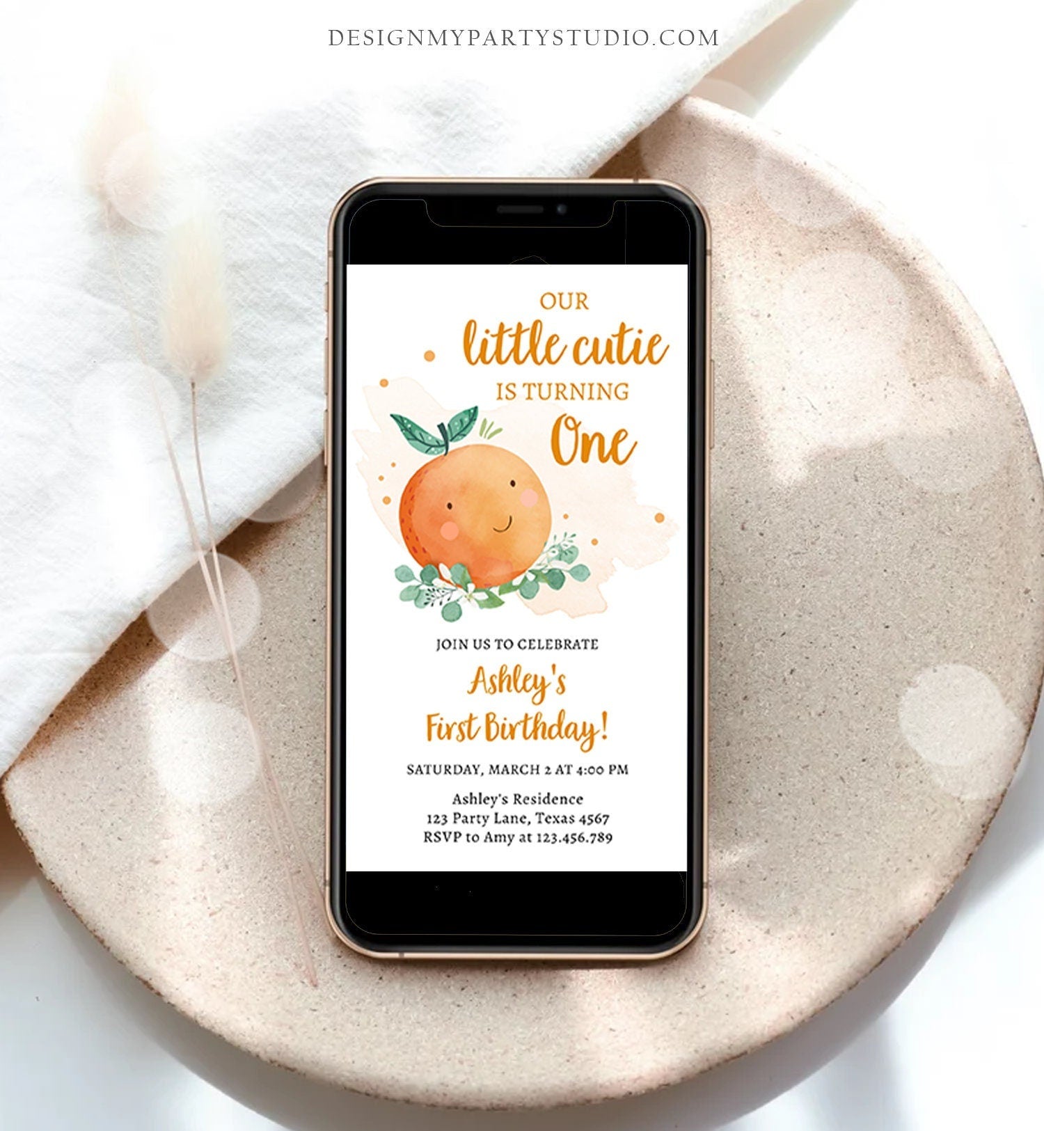 Editable Little Cutie Birthday Evite Clementine Oranges Party Unisex Orange Invitation Citrus Download Phone Electronic Corjl Template 0430