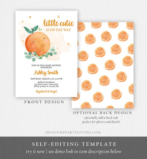 Editable Little Cutie Is On The Way Baby Shower Invitation Set Bundle Cutie Invitation Suite Orange Digital Corjl Template Printable 0430