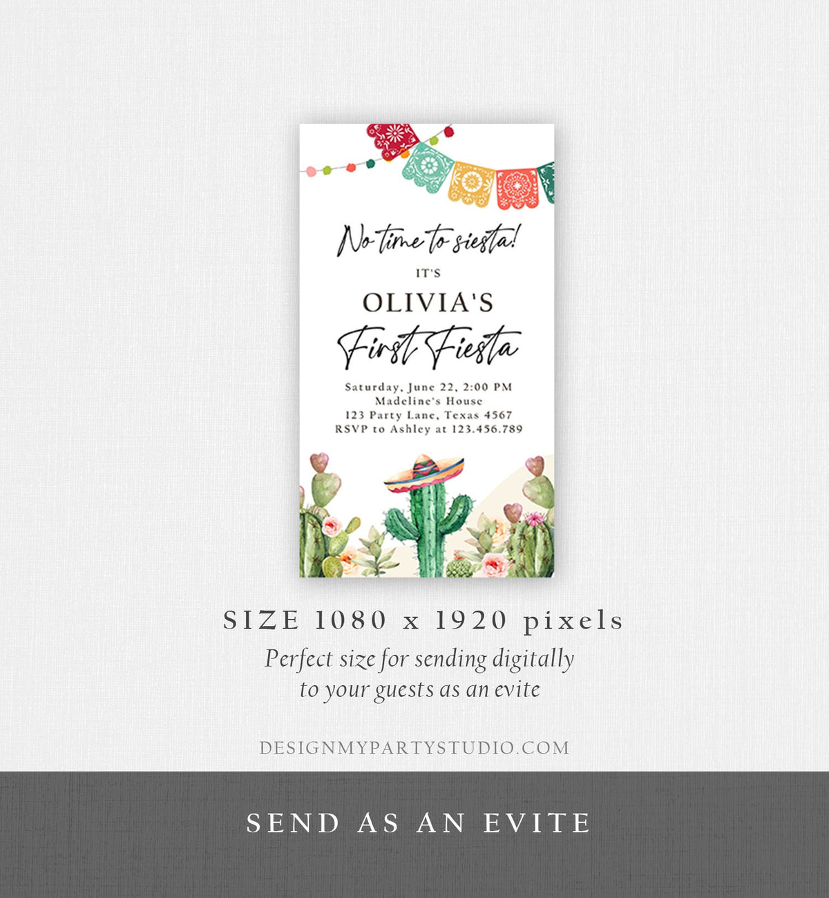 Editable Fiesta Evite First Fiesta Birthday Invitation Phone Mexican Cactus Succulent Desert Floral Digital Download Evite Template 0404