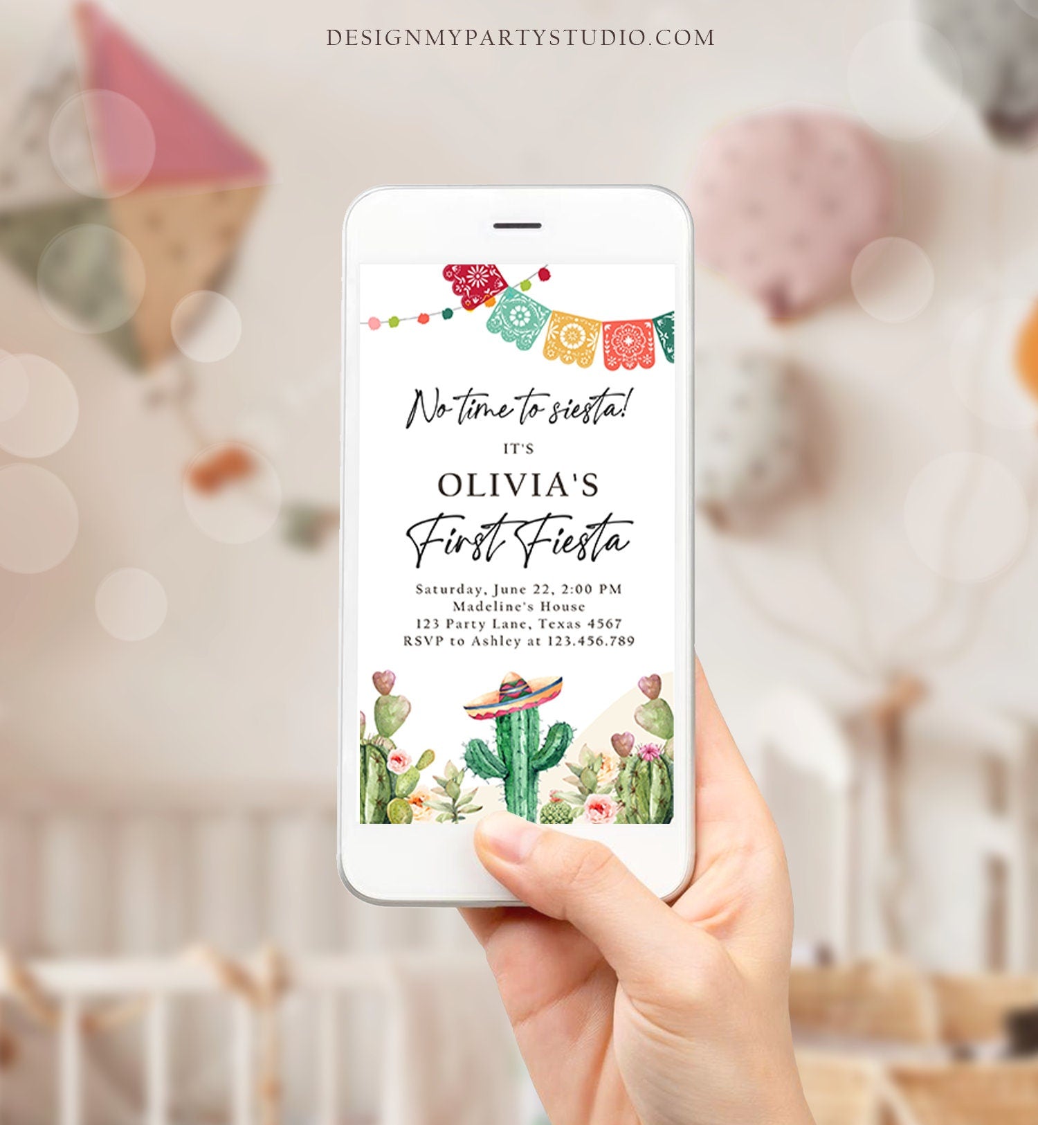 Editable Fiesta Evite First Fiesta Birthday Invitation Phone Mexican Cactus Succulent Desert Floral Digital Download Evite Template 0404