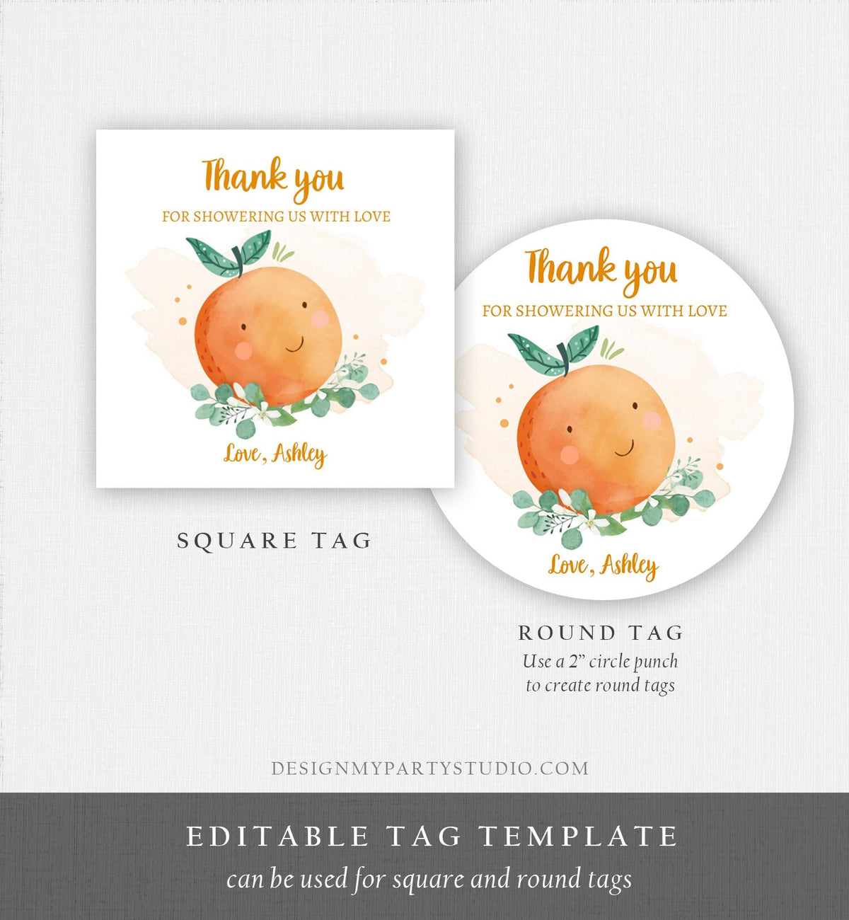 Editable A Little Cutie is on The Way Favor Tag Orange Clementine Baby Shower Cutie Gift Neutral Square Round Template Corjl Printable 0430