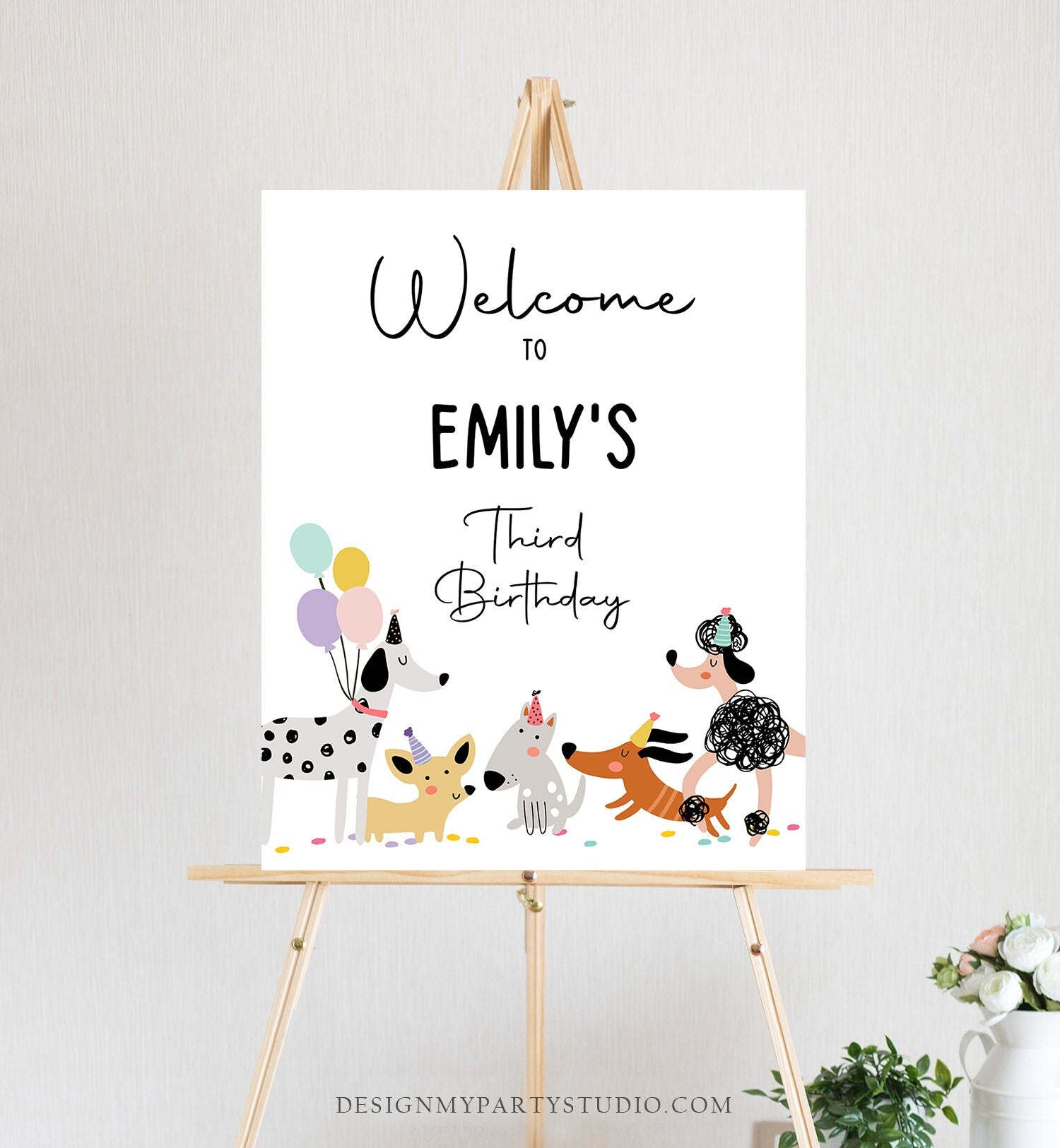 Editable Puppy Dog Birthday Party Welcome Sign Puppy Birthday Pink Pet Dog Simple Modern Birthday Paw-ty Girl Template Corjl PRINTABLE 0429