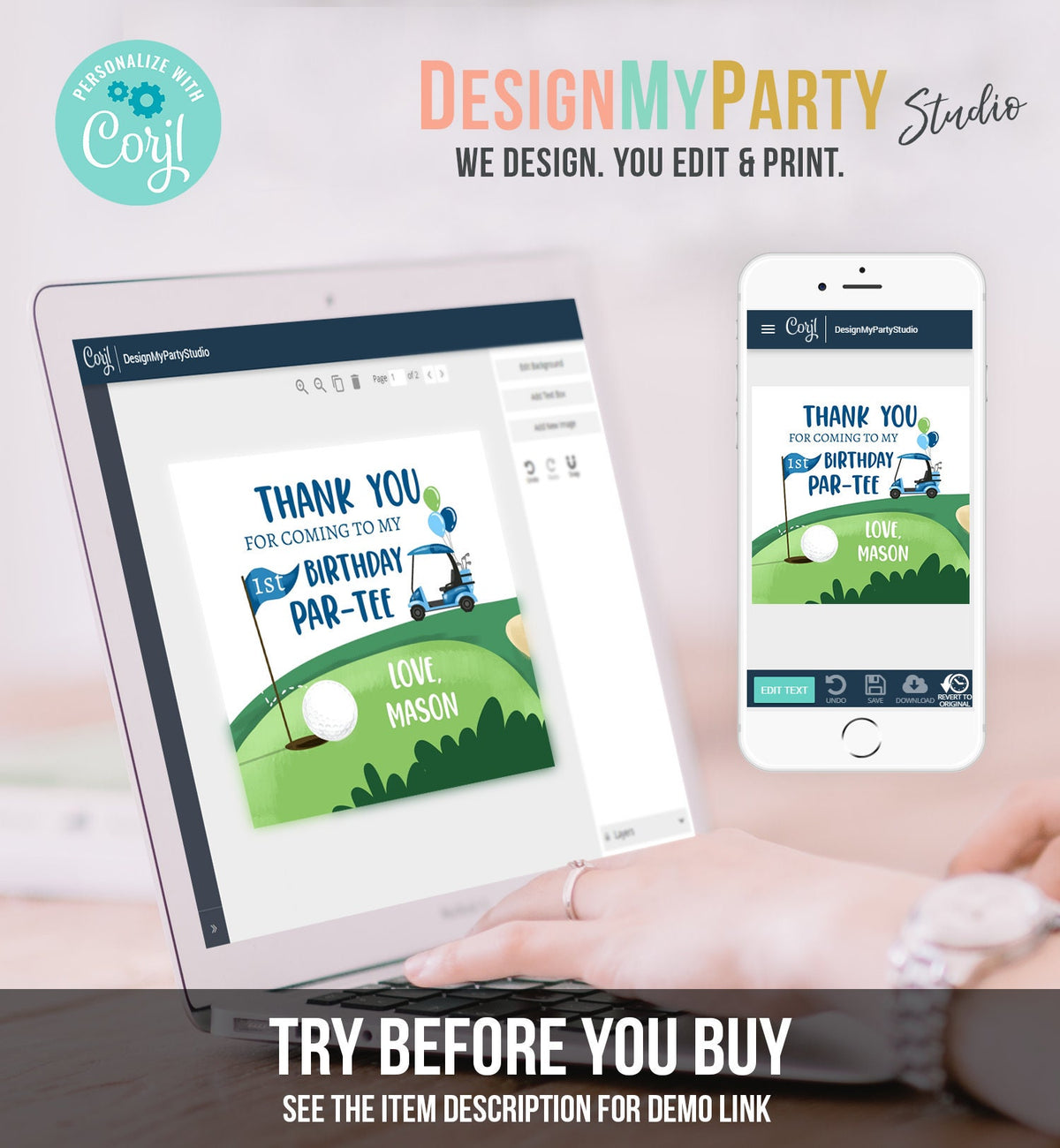 Editable Golf Favor Tags Golf Thank You Par-tee Stickers Golfing Birthday Hole in One 1st Birthday Boy Gift Tag Download Corjl Template 0405