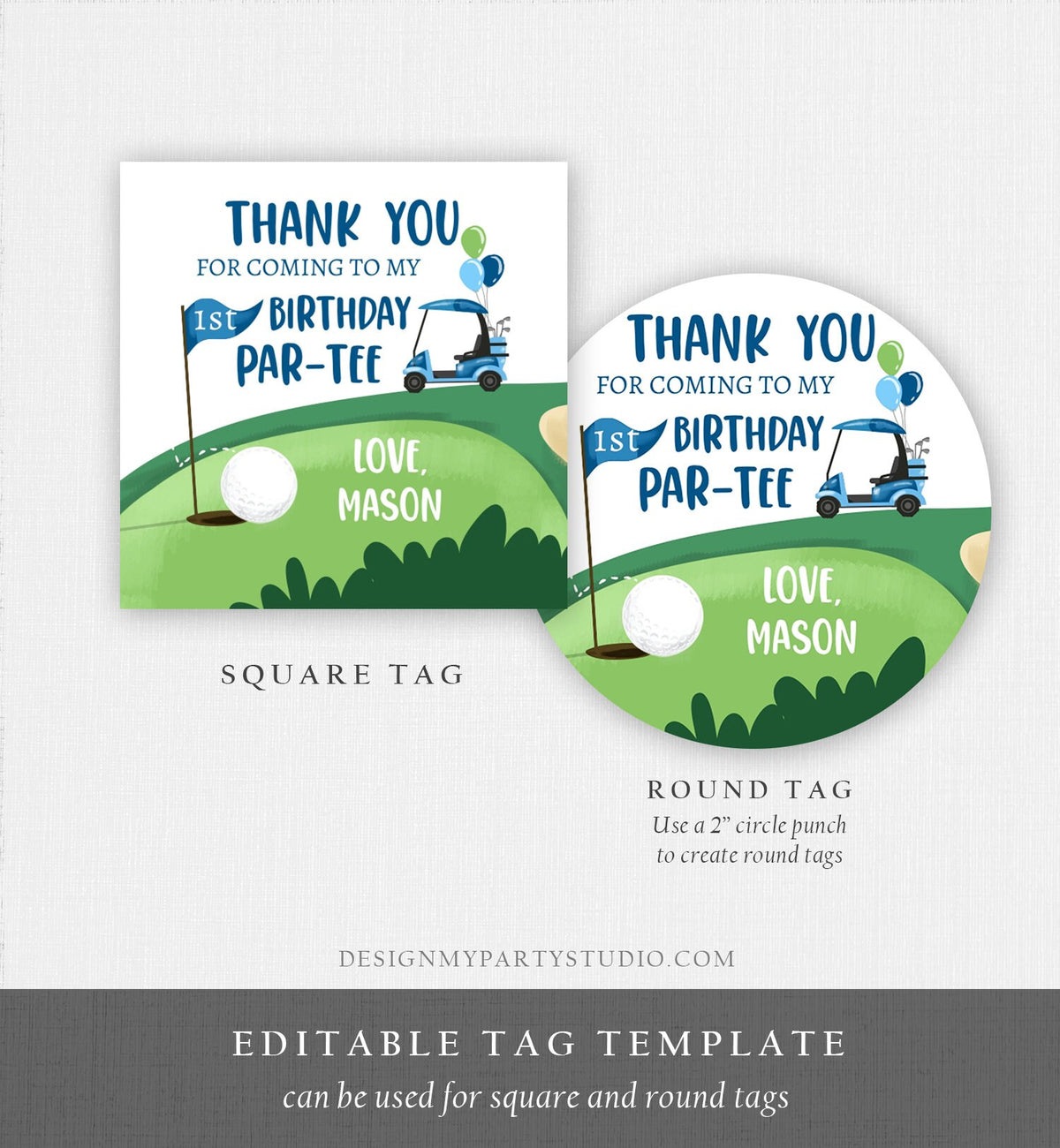 Editable Golf Favor Tags Golf Thank You Par-tee Stickers Golfing Birthday Hole in One 1st Birthday Boy Gift Tag Download Corjl Template 0405