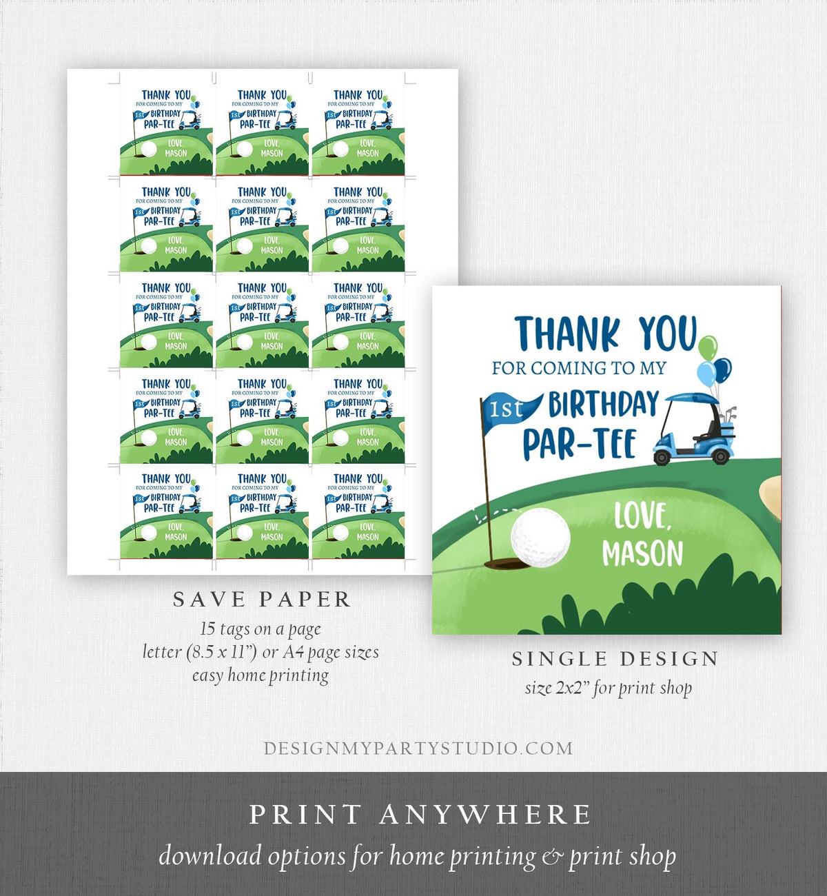 Editable Golf Favor Tags Golf Thank You Par-tee Stickers Golfing Birthday Hole in One 1st Birthday Boy Gift Tag Download Corjl Template 0405