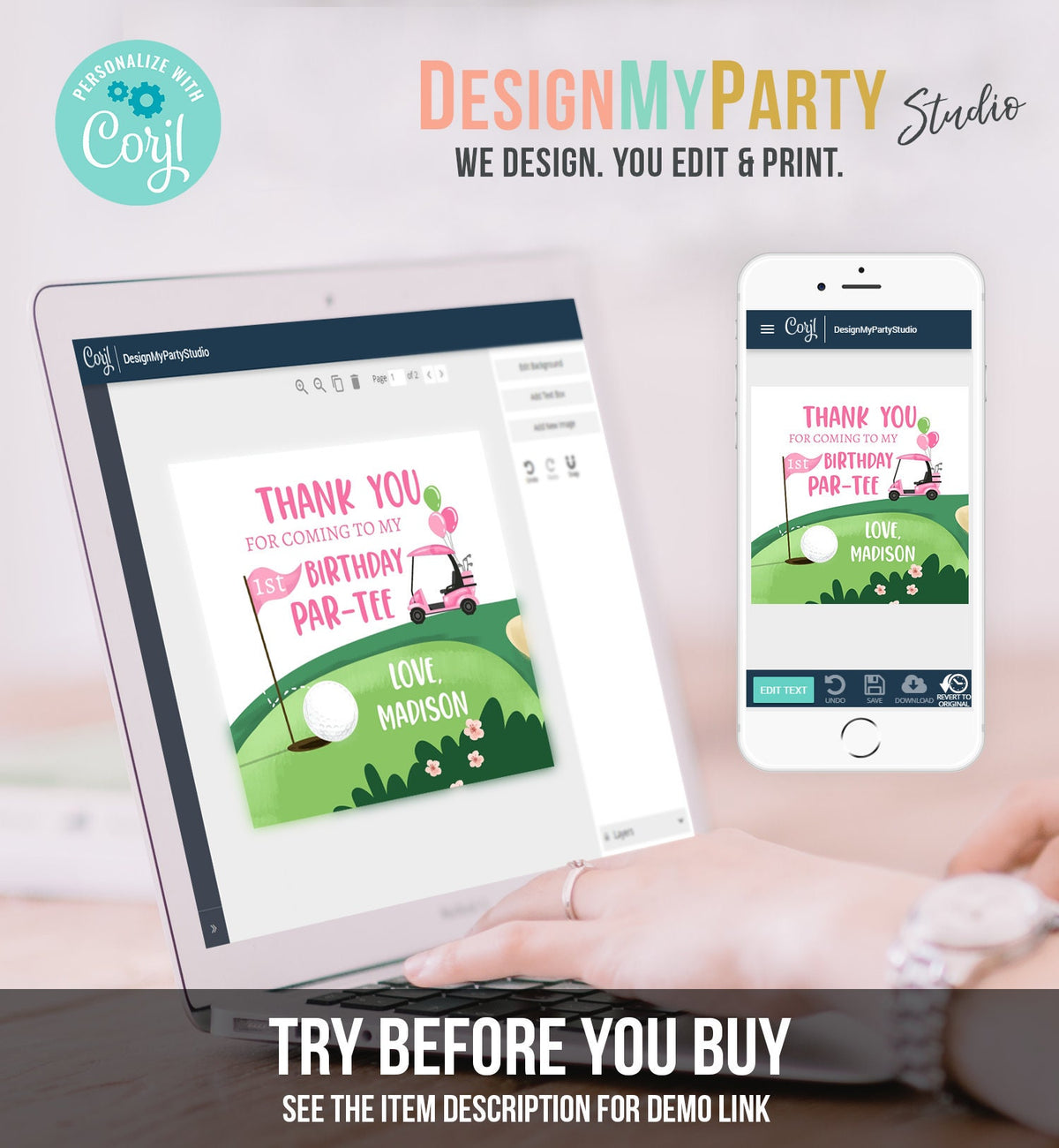 Editable Golf Favor Tags Golf Thank You Par-tee Stickers Golfing Birthday Hole in One 1st Birthday Girl Pink Download Corjl Template 0405