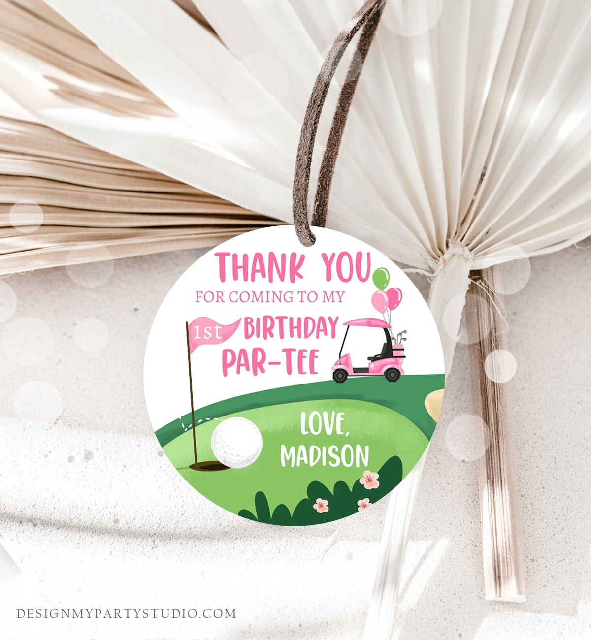 Editable Golf Favor Tags Golf Thank You Par-tee Stickers Golfing Birthday Hole in One 1st Birthday Girl Pink Download Corjl Template 0405