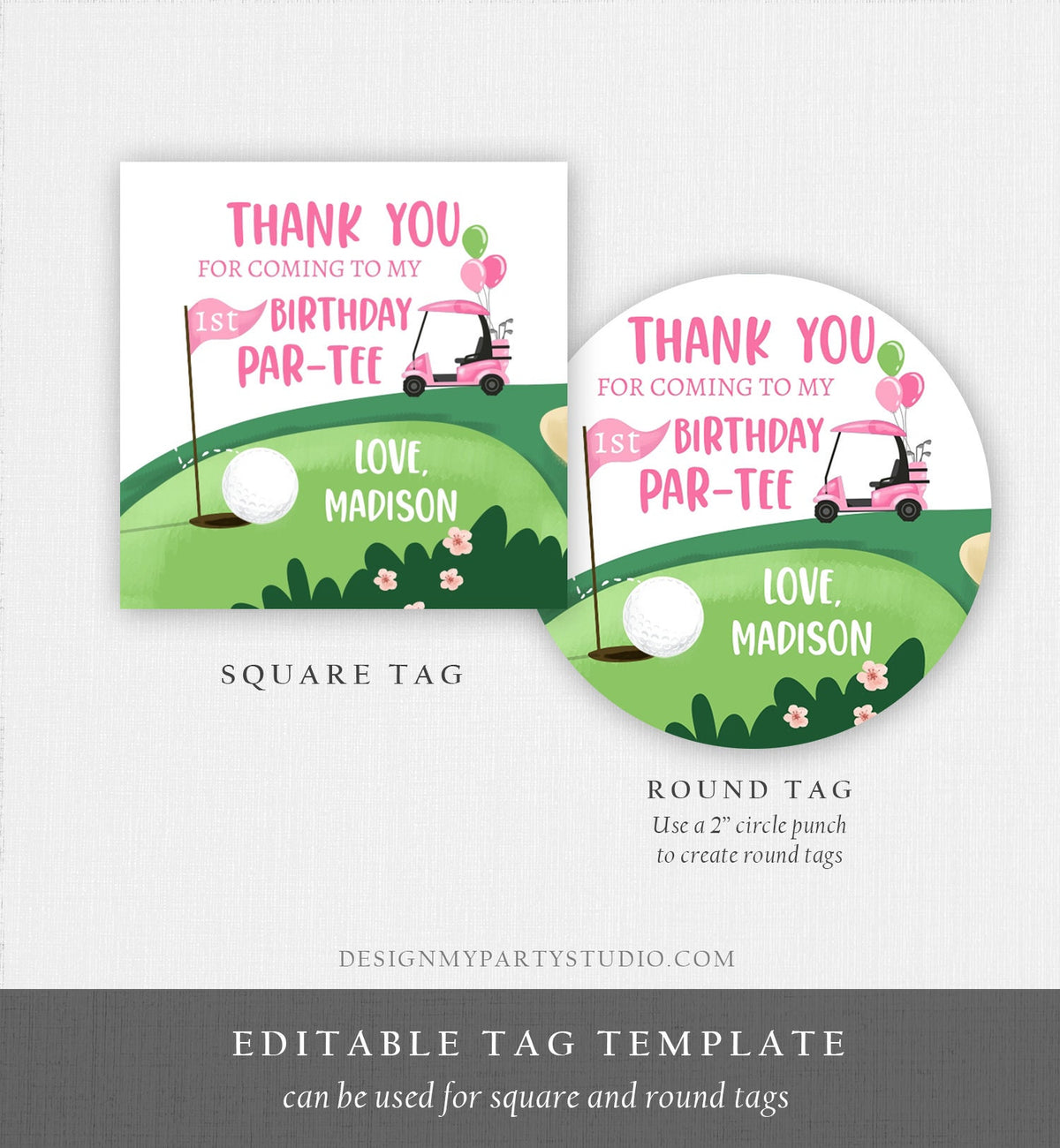 Editable Golf Favor Tags Golf Thank You Par-tee Stickers Golfing Birthday Hole in One 1st Birthday Girl Pink Download Corjl Template 0405